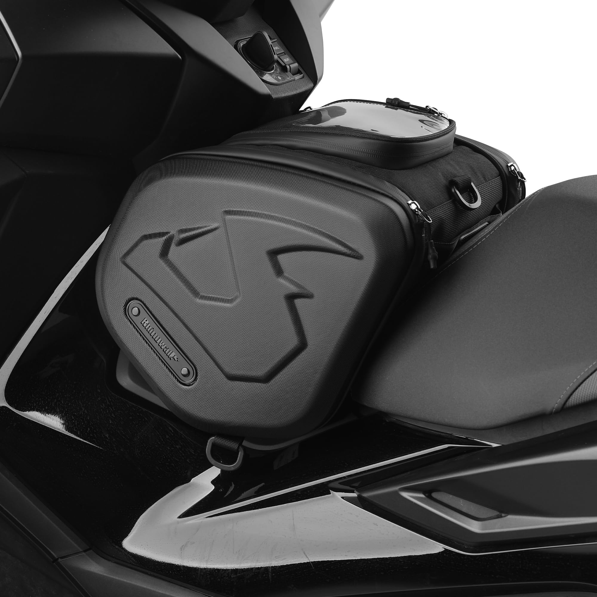 Rhinowalk Sacoche tunnel pour scooter, coque rigide en ABS, 16 l, sac de moto avec tunnel central, avec compartiment pour écran tactile, poignée de transport, bandoulière et housse de pluie