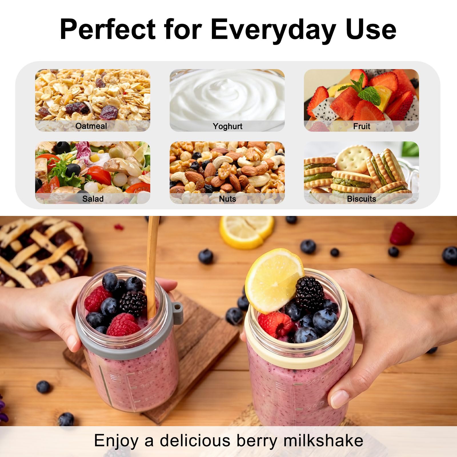 Overnight Oats Jars, 2 pezzi Barattoli di avena durante la notte con coperchio e cucchiaio, Tazza di Muesli To Go, Tazza Yogurt e Cereali per Insalate Latte Cereali Frutta(Giallo, 350 ml)