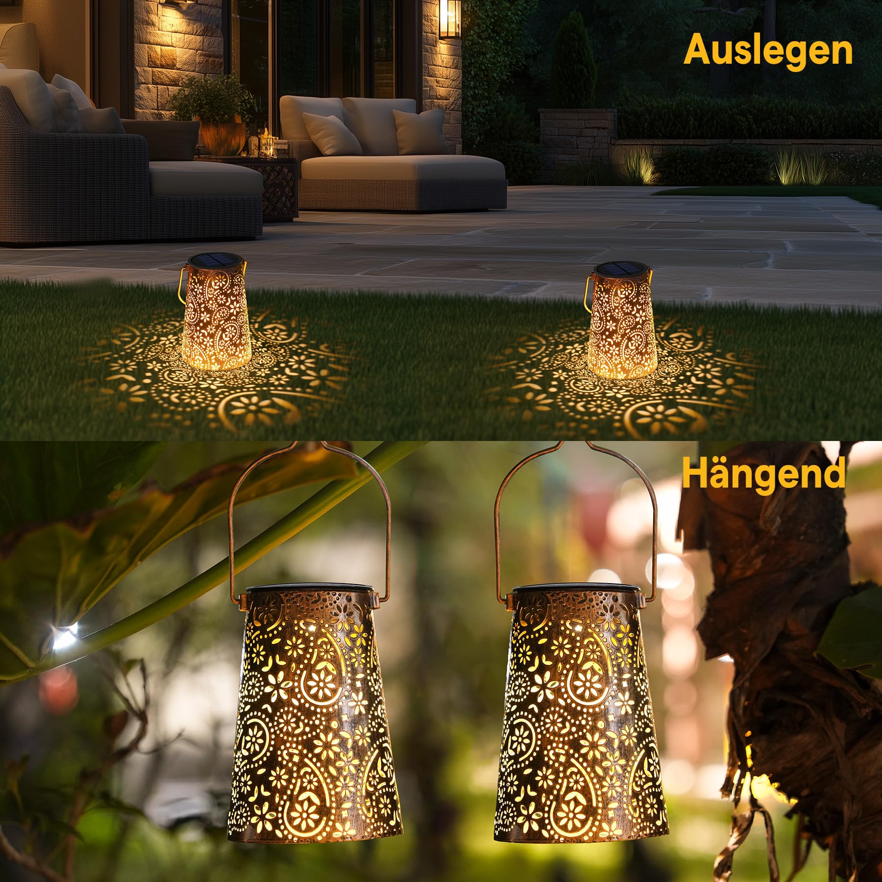 JOYCREATOR 2 Stück Solarlaterne für Außen Wasserdicht, Paisley Solar Laternen für Draußen Hängend, Metall Deko Solarlampen für Außen Garten für Terrasse Patio Baum Rasen Vintage