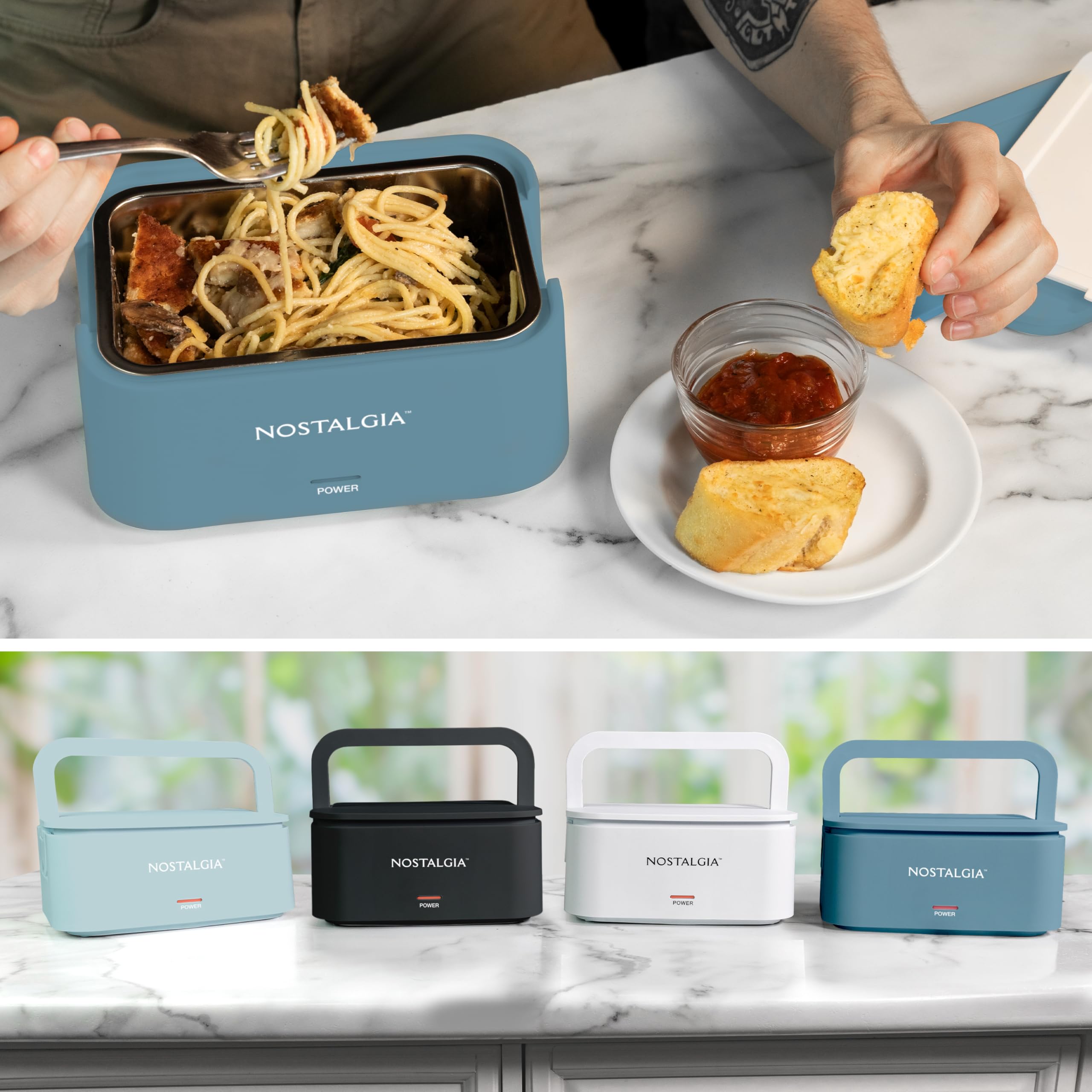 Nostalgia Lonchera portátil con calefacción, calentador de alimentos de acero inoxidable para 4 tazas, cable desmontable, tapa a prueba de fugas, asa de transporte, portátil para el trabajo y viajes