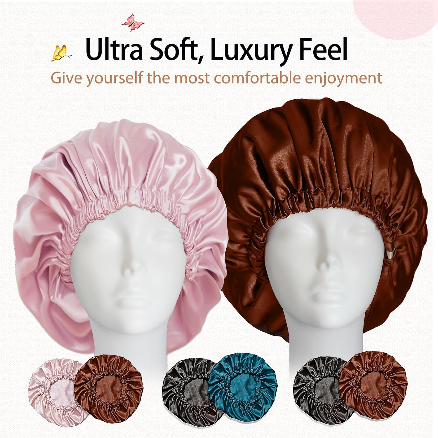 NVNAN Satin Bonnet for Women,Double Layer Adjustable Sleep Cap, Soft and Silk Hair Bonnet for Curly Hair Protection, 2 Pack (Black & Brown)