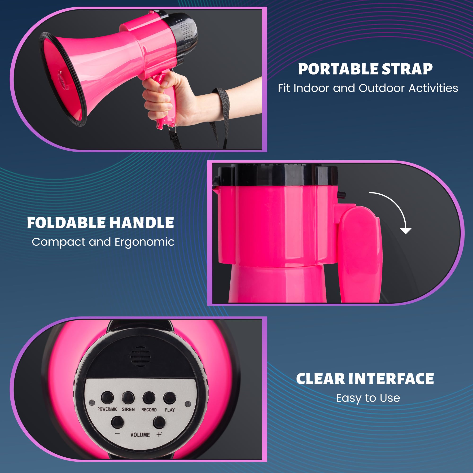 Mégaphone portable 30 W avec contrôle du volume et sangle (rose foncé)