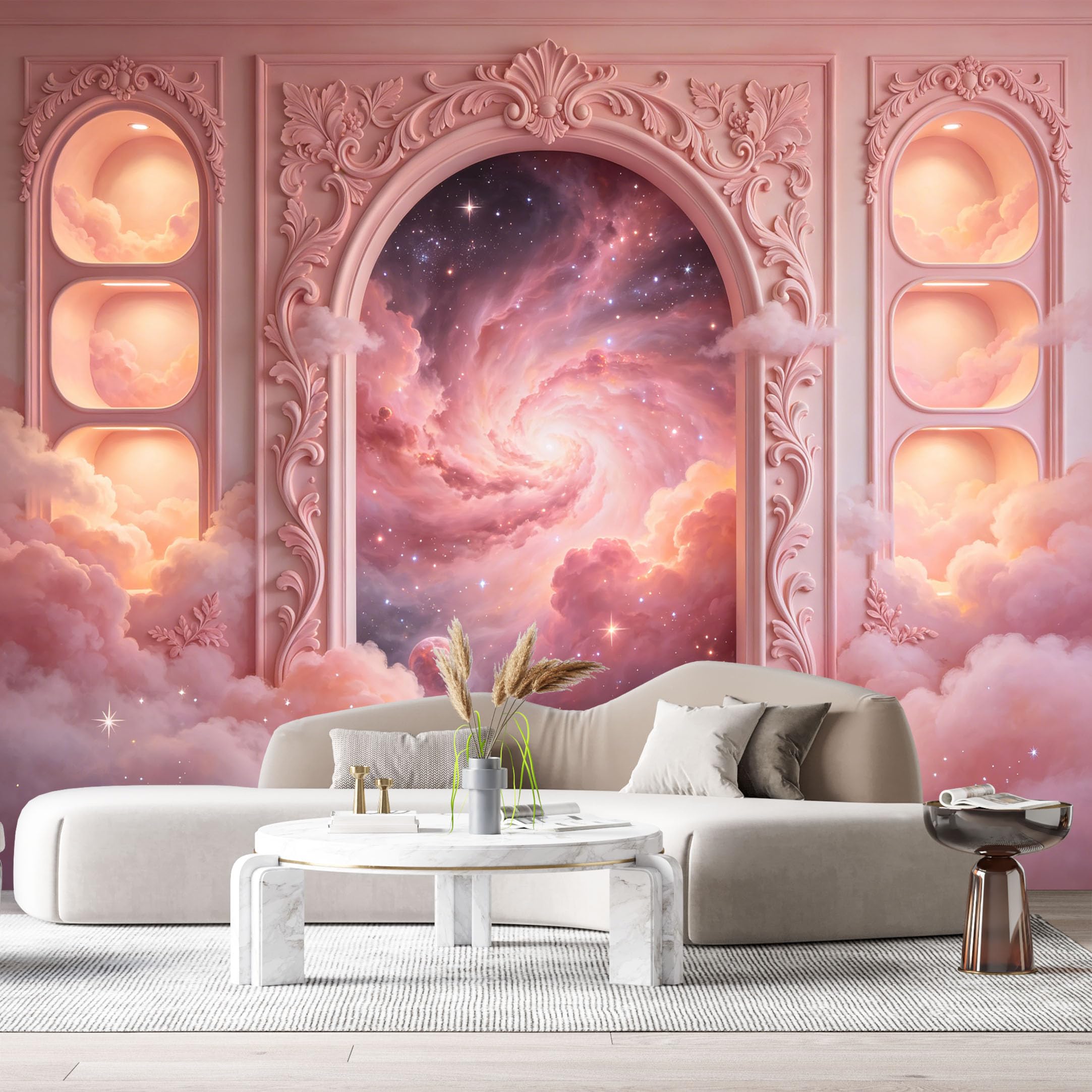 Custom Size Wall Murals Pink Archway Galaxy Nebula Starry Sky 3D Trompe L'Oeil SelfAdhesiveWall Fabric Removable Wallpaper Wall Decor for Living Room Bedroom Bathroom