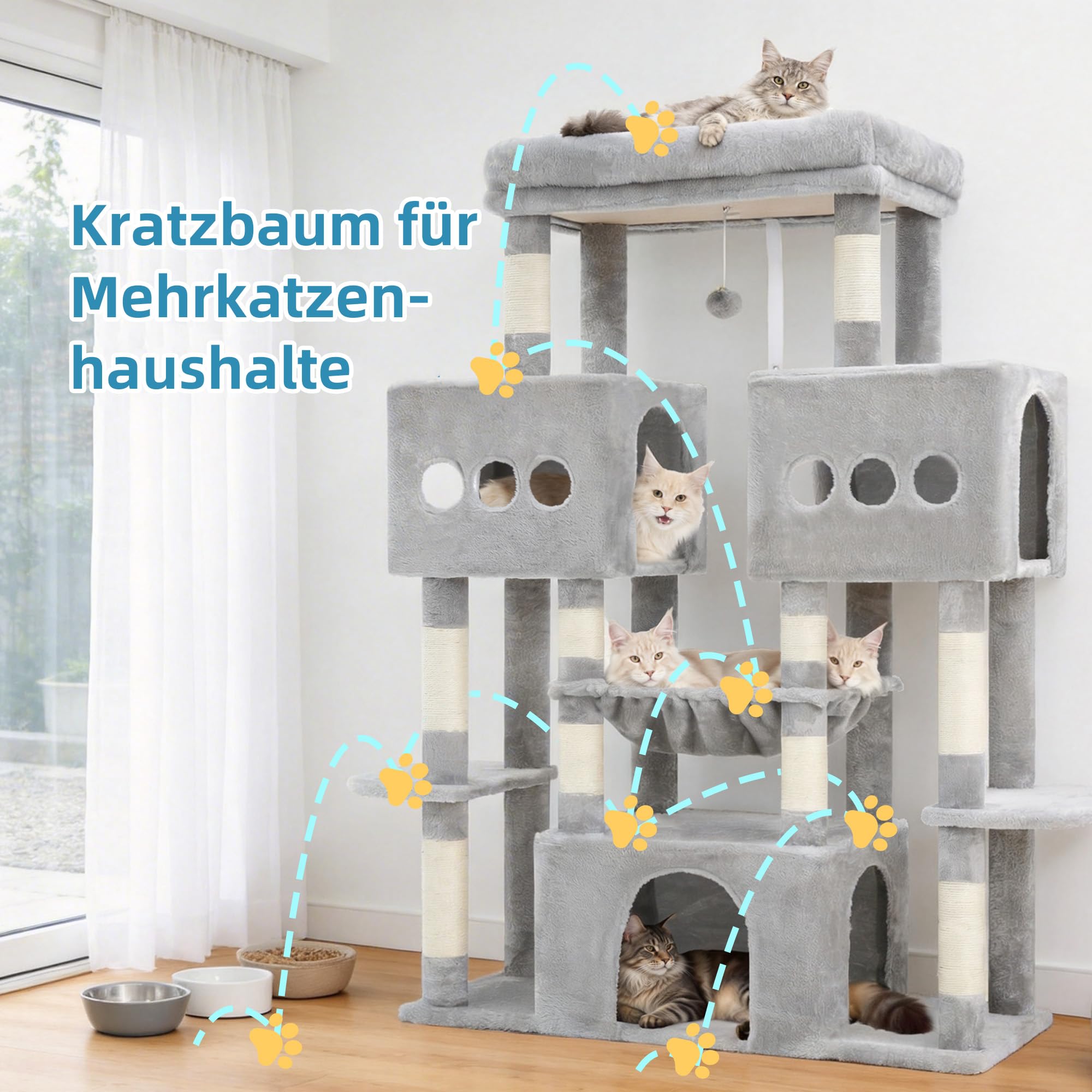 Hey-brother Arbre à Chat, Tour de Jeux Multiniveaux 144cm pour Maine Coon, avec 3 Grandes grottes, Plateformes spacieuses, Niche Confortable et Balle Peluche Suspendue, Gris Clair MPJ083W