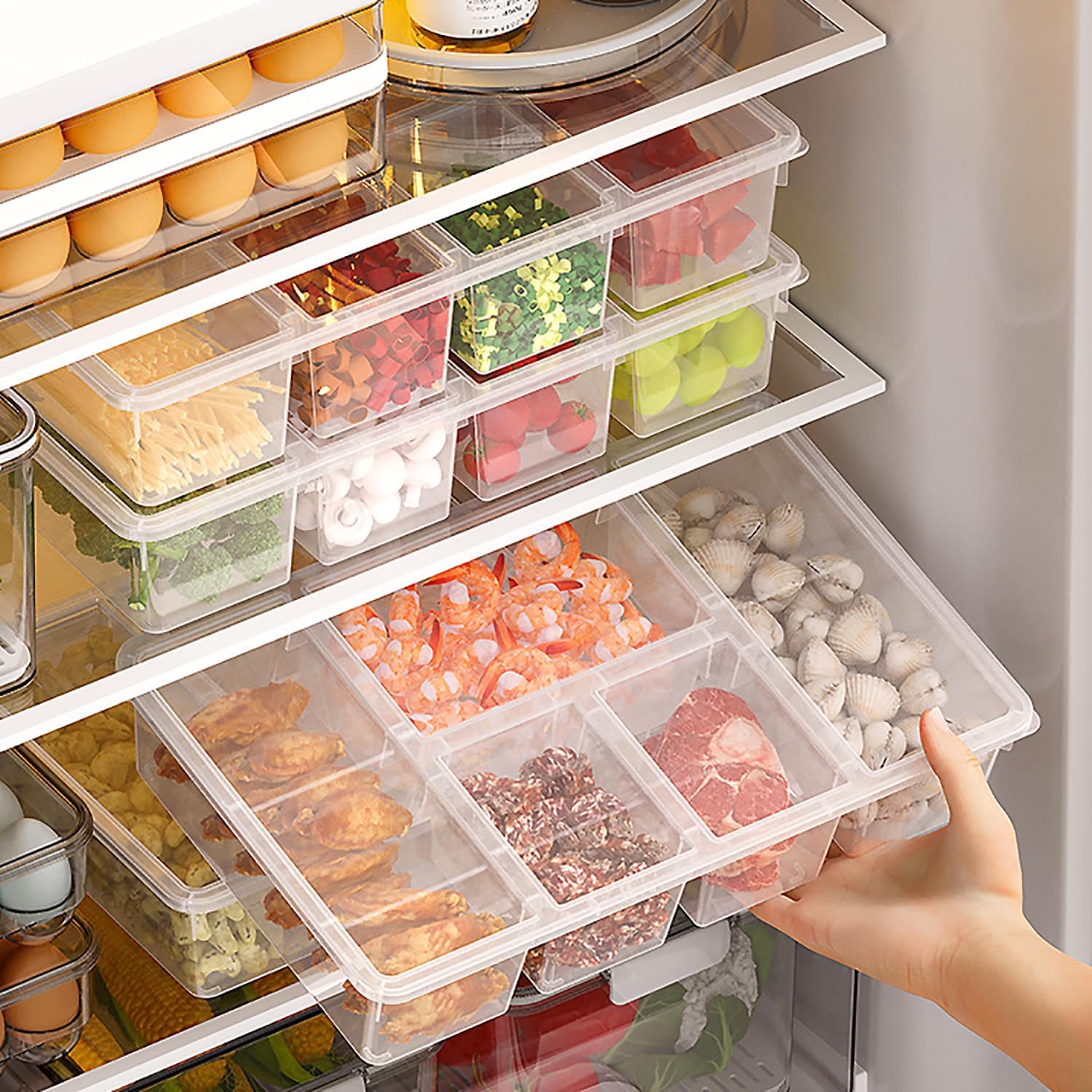 MANO 2 Pack Divided Veggie Tray with Lid - 5 Compartment Clear Snack Containers for Fridge, Stackable Produce Saver Storage for Fruits, Vegetables, Meat & Fish - Image 2