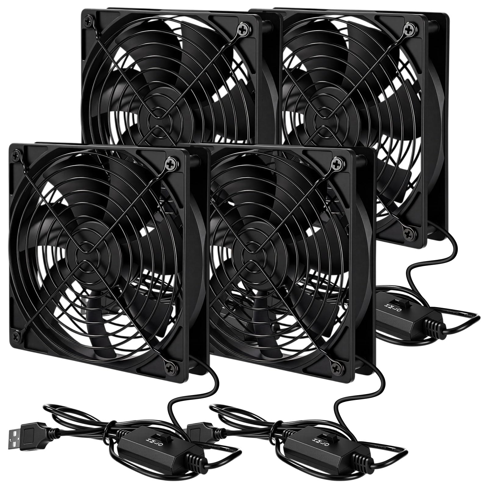 VIHOSE 4 Pack 120mm x 25mm Black USB Computer Fan with 3 Speed 5V USB Powered Case Fan for Cooling PC Receiver DVR TV Box Router Double Ball Bearing 50000 Hours Life