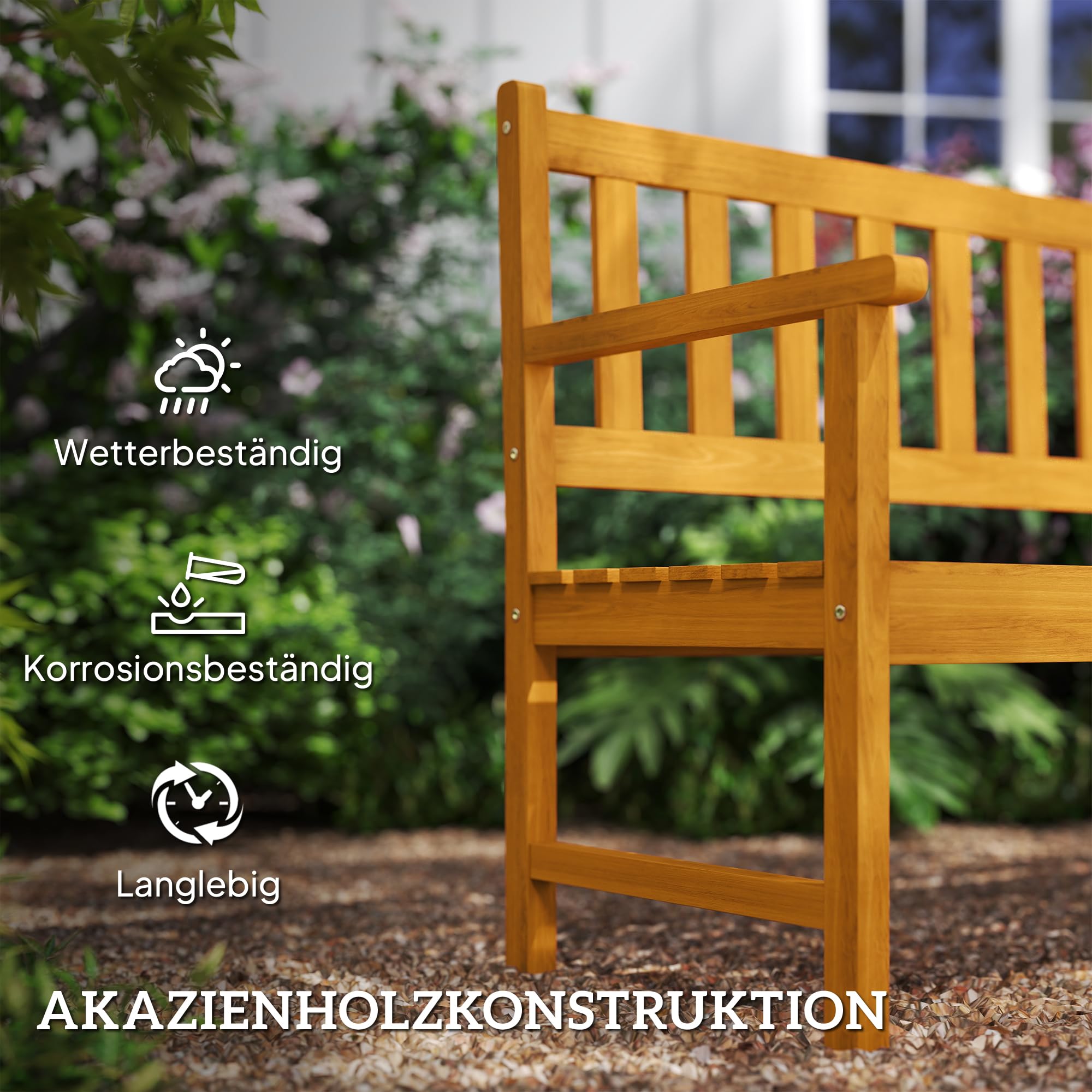 Outsunny 2-Sitzer Gartenbank Akazienholz FSC®, wetterfest Sitzbank, Gartenmöbel mit Rücken- & Armlehnen, Klappbarer Tisch Parkbank 320kg belast, Holzbank für Balkon, Garten, 149x56,5x89cm, Teak