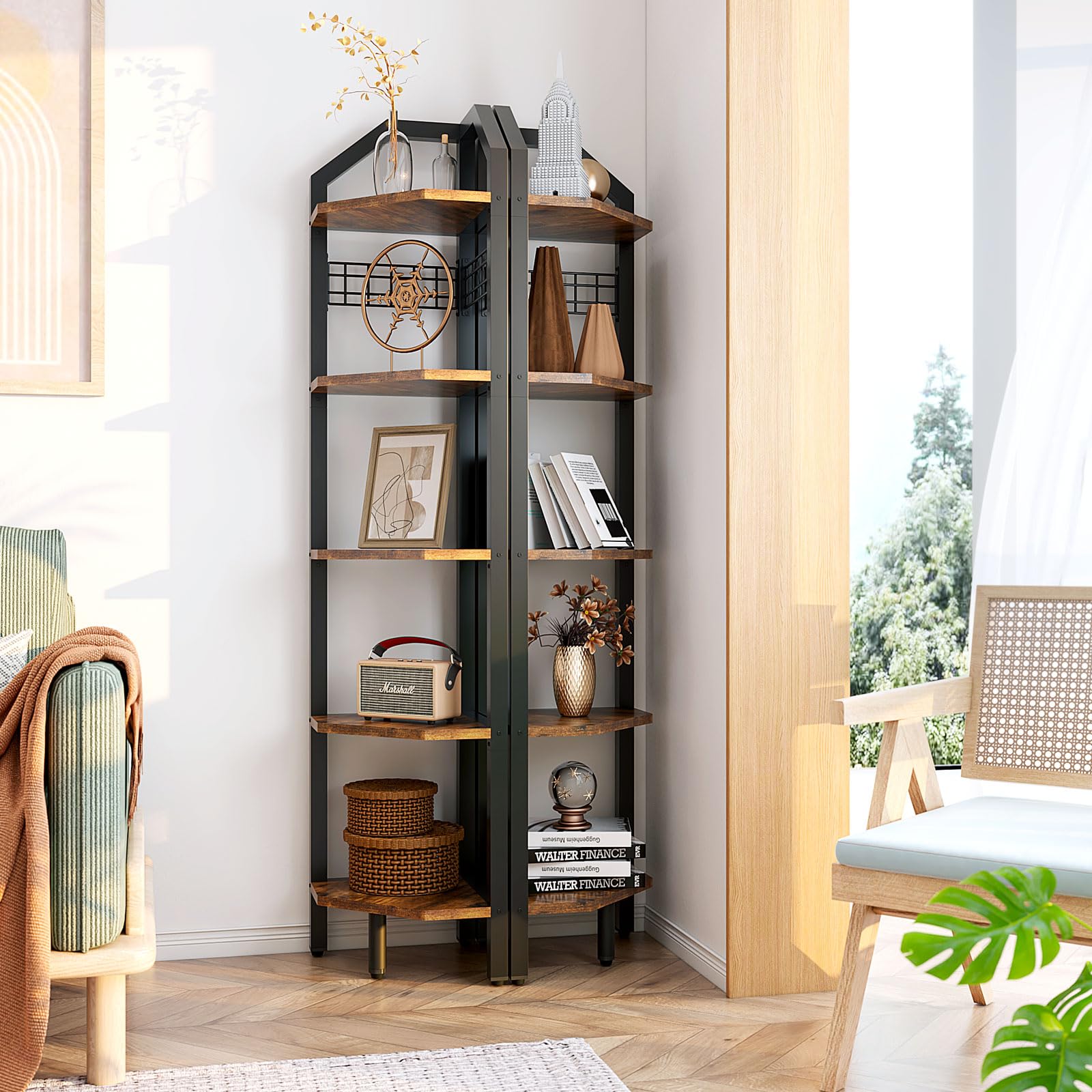 YMYNY Hoekrek staand, boekenkast met 5 planken, draadgaas, 28x28x176cm, ladderrek, plantenrek voor woonkamer, slaapkamer, keuken, balkon, industrieel design, zwart HBR006B