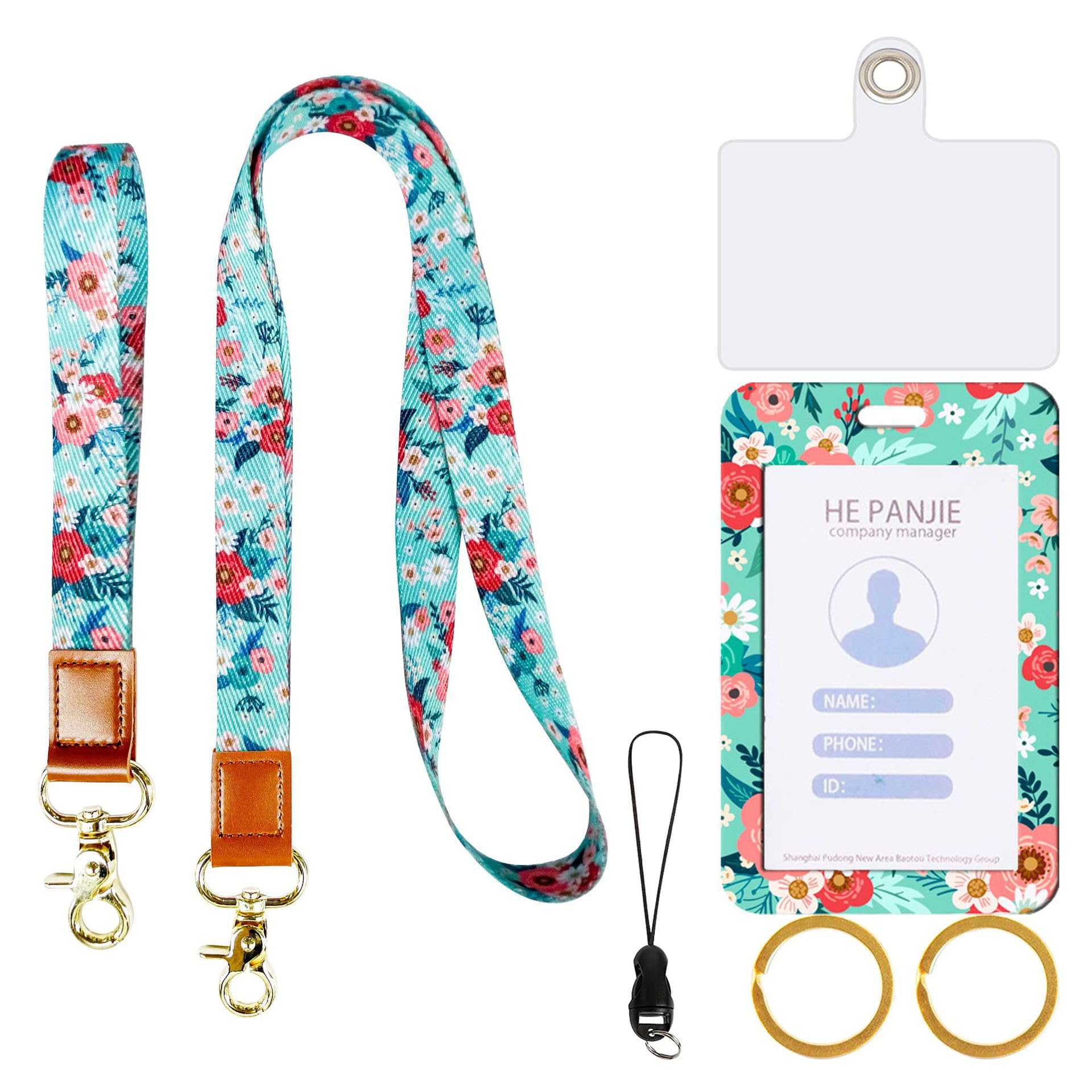 2 Set Lanyard for ID Badge and Keys, Thickened Polyester Webbing Leopard Print Cow Print Floral Print Card Sleeve PVC Transparent Phone Pad Hanging Rope(3 Lake Green Fragmented Flowers)