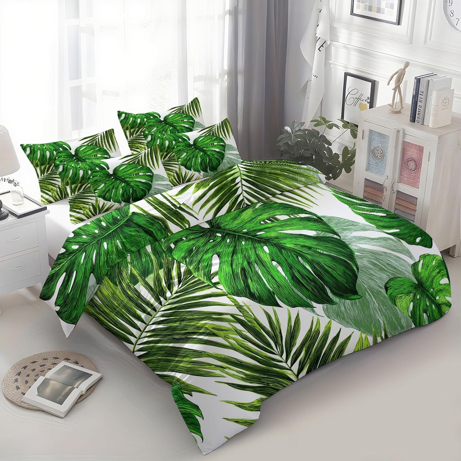 Funda Nórdica Cama 180 Hojas De Monstera y De Palmera Reversible Funda de Edredón 135 x 200 cm Follaje Selvático Juego de Ropa de Cama 3 Piezas en Microfibra Transpirable con 2 Fundas d-1148