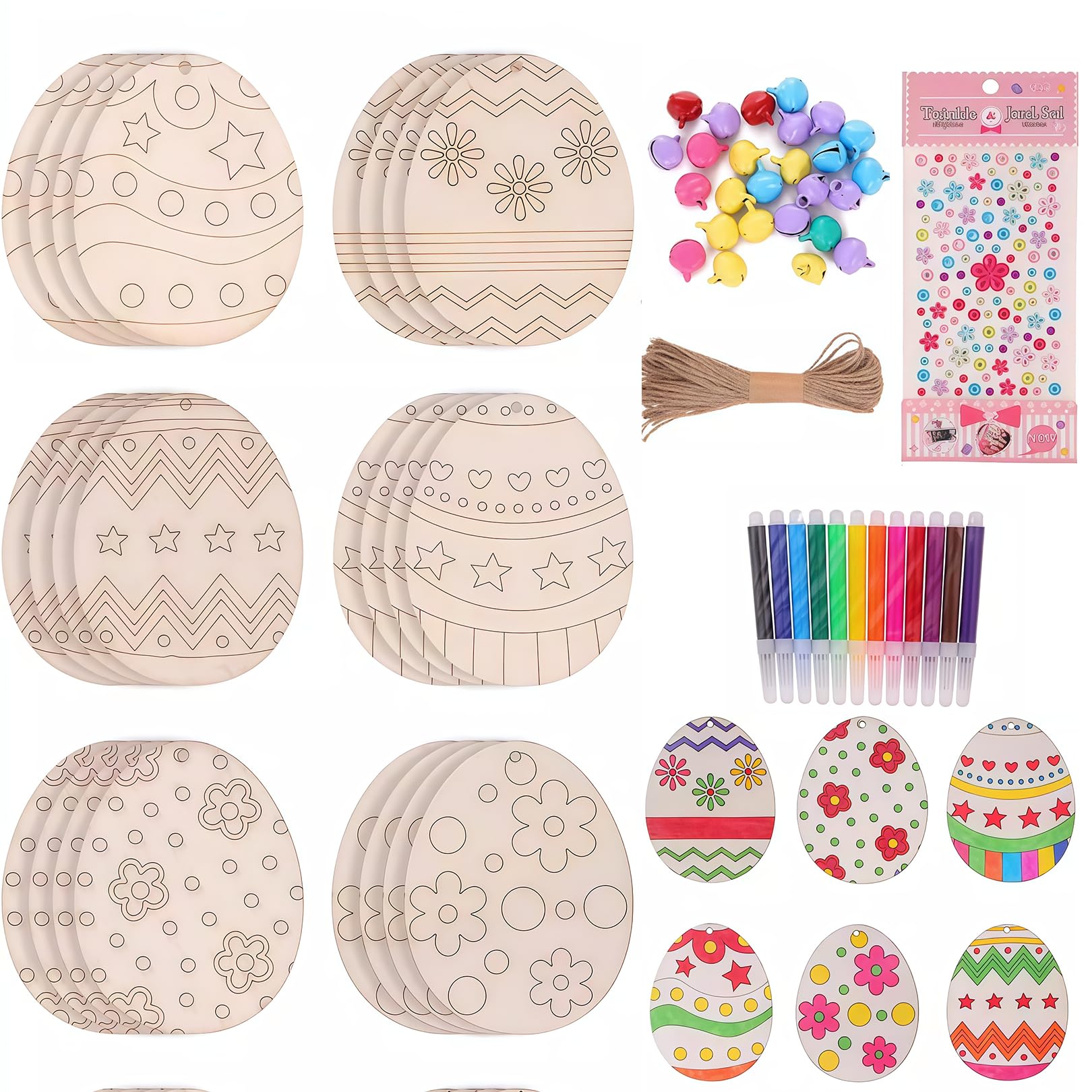 Easter Wooden Crafts DIY Egg Hanging Ornaments Set 24pcs Wooden Eggs 24 Mini Bells Jute Strings Watercolor Pens Rhinestone Stickers Kids Painting Arts Crafts Spring Home Garden Easter Decorations