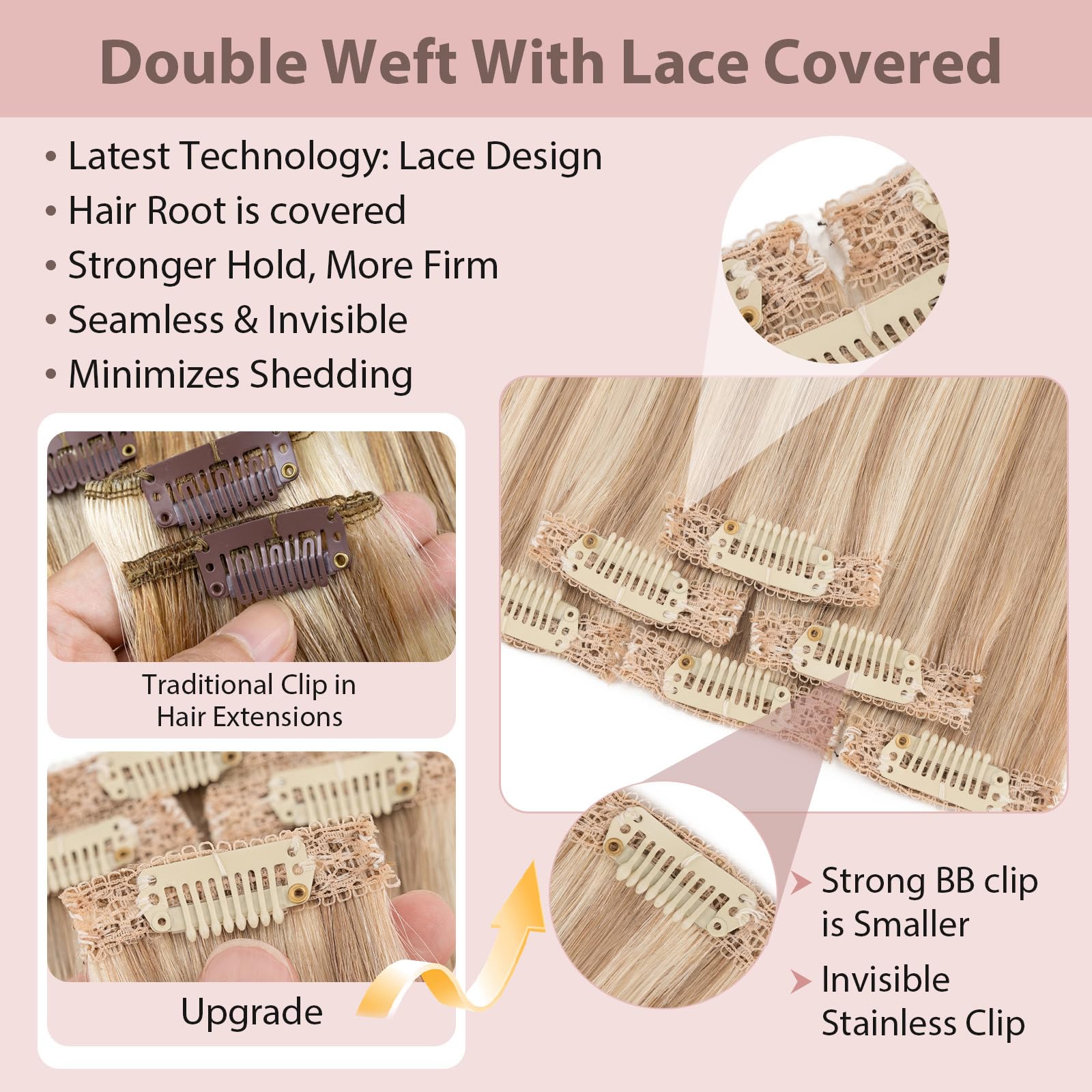Silk-co Clip in Hair Extensions Real Human Hair Extension Double Weft With Lace Coverd Clip in Silky Straight Very Thin Highlight efffect Women 6PCS 6Clip 10In #12P613 Golden Brown&Bleach Blonde 31g - Image 2