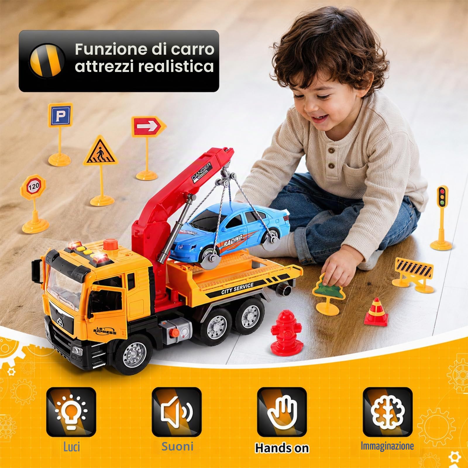 BunnyJOY Camion Giocattolo Bambini 3 4 5 6 Anni, Camion Soccorso Giocattolo con Luci e Suoni, Carro Attrezzi con Gru e Catena con Auto Inclusa, Regalo Bambini