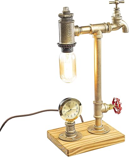 Lámpara Steampunk con atenuador, regulable estilo loft industrial vintage estilo antiguo luz con bombilla, reloj, base de madera con tuberías de disponible en Yaxa Colombia
