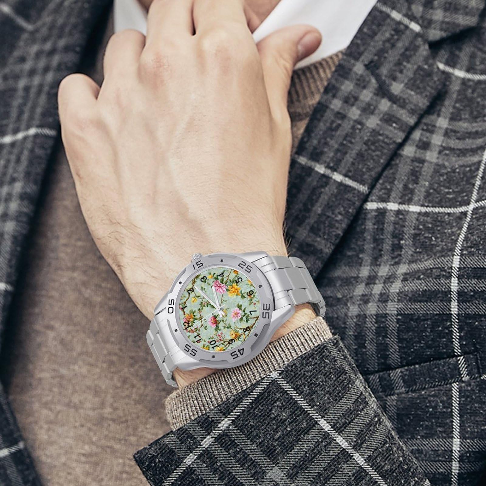 Grüne Blumen Herren Quarzuhr Trendy Edelstahlbänder Leicht Ablesen Minimalistische Armbanduhren Business Daily