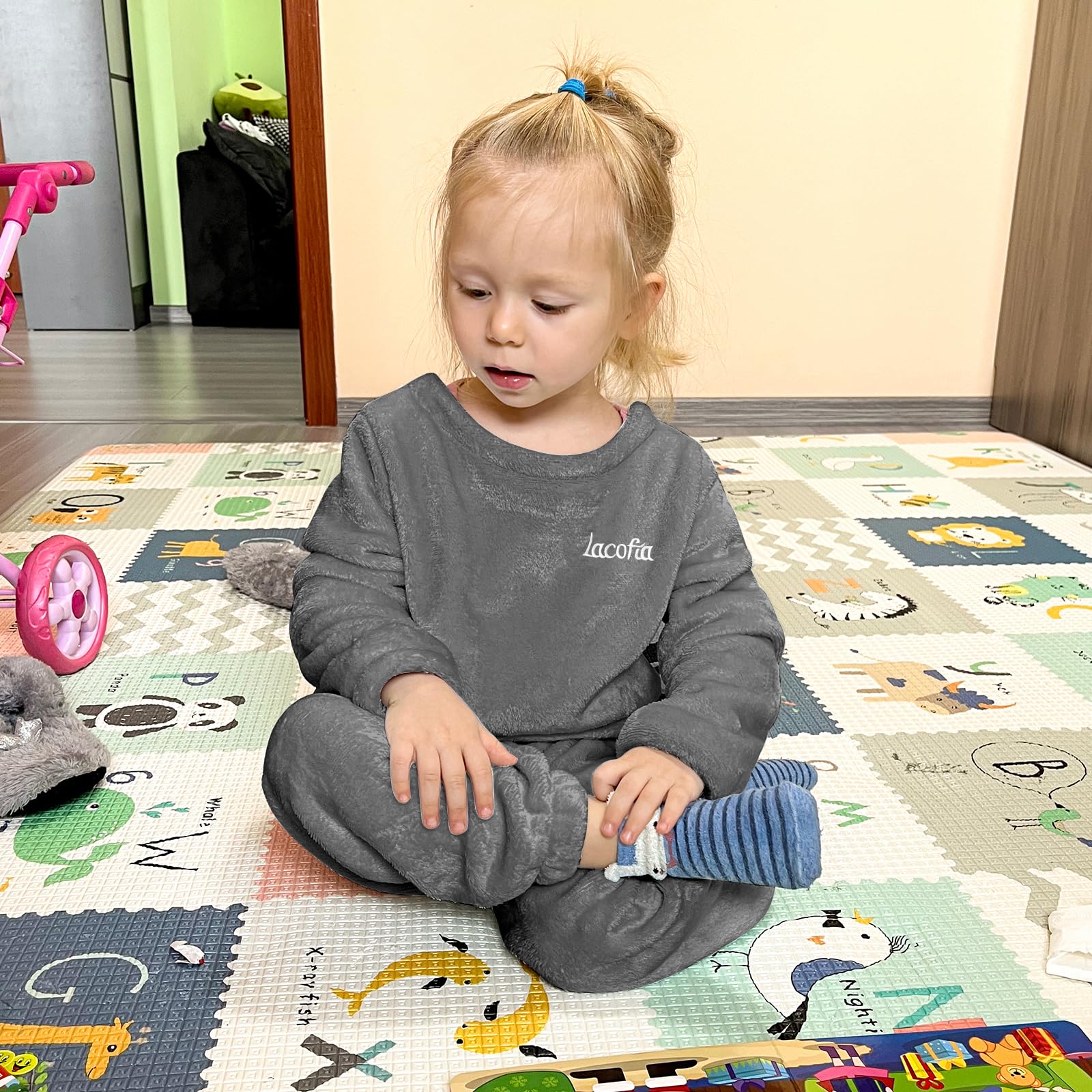 LACOFIA Pigiami Due Pezzi da Bambini e Ragazzi Pigiama Set Invernale di Caldo Pile Abbigliamento da Notte a Maniche Lunghe Bimbo