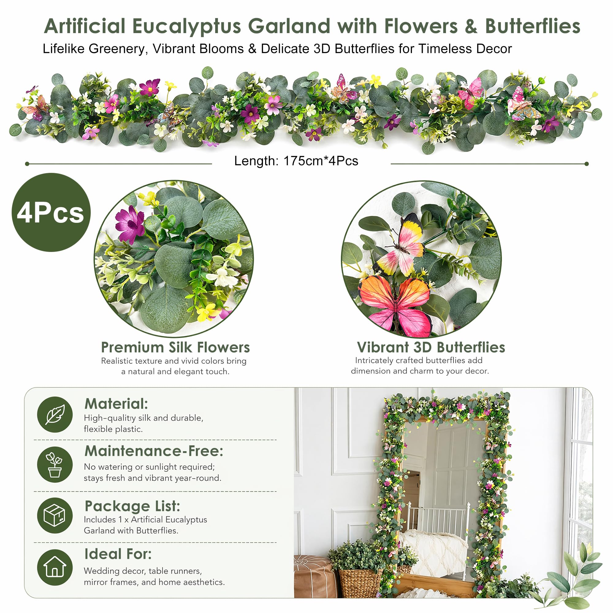 4 Pièces Guirlande Fleurs Artificielles 1.8m avec Fleurs Blanches et Papillons 3D Guirlande Eucalyptus Plante Artificielle de Fleur Fausse Plantes pour Murale Mariage à Maison Décoration