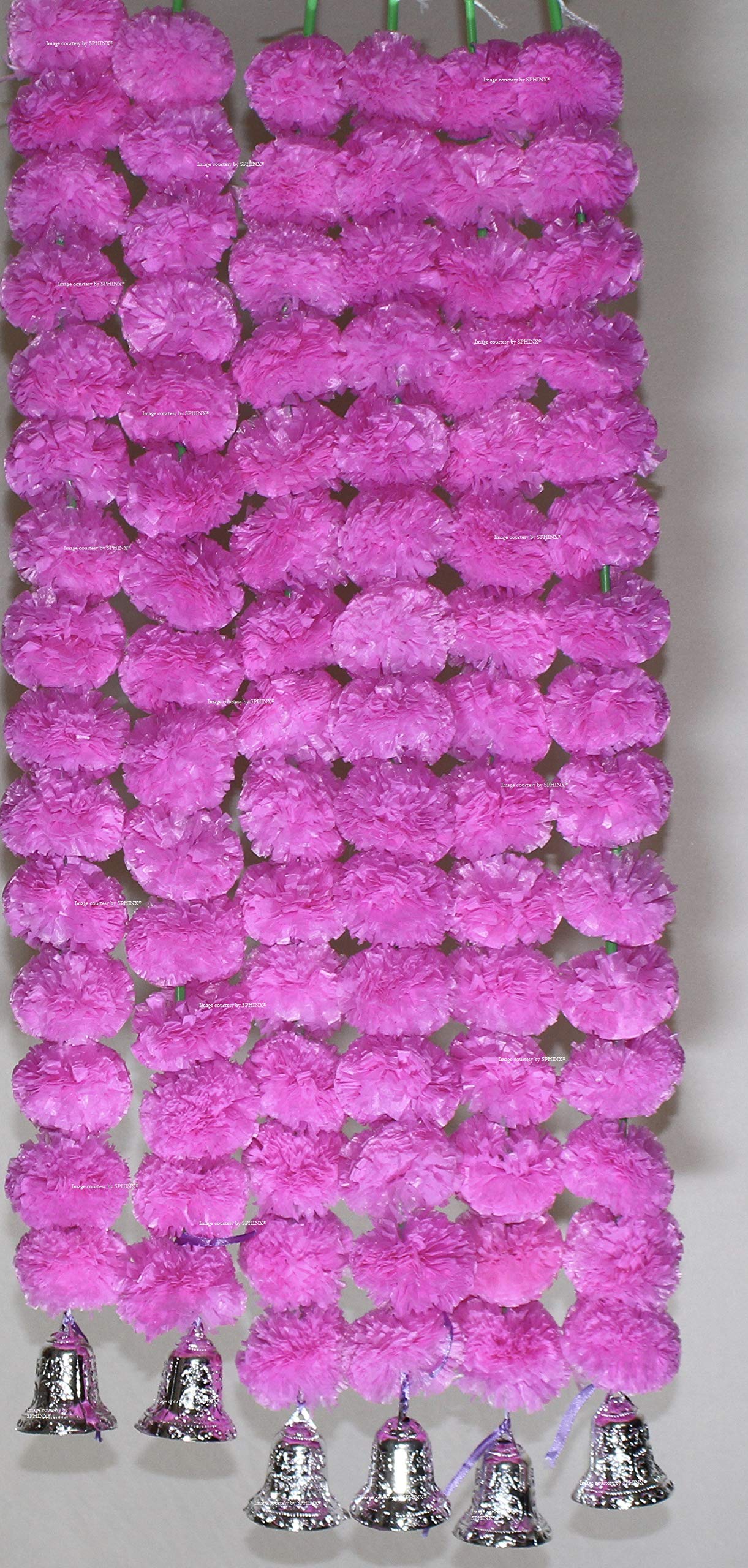 SPHINX Artificial Marigold Fluffy Flowers and Golden/Silver Hanging Bells Short Garlands/Torans/Wall hangings for Decoration Approx 2.5 ft- 15 Flowers per String- (Baby Pink, 6)