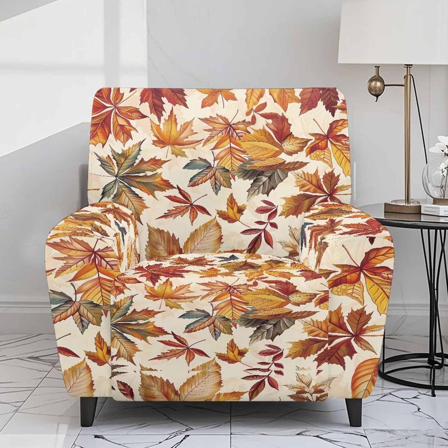 FOR U DESIGNS Fall Maple Leaves Recliner Slipcover with Elastic Loops Side Pockets Machine Washable Protective Cover for Reclining Chairs Living Room Furniture