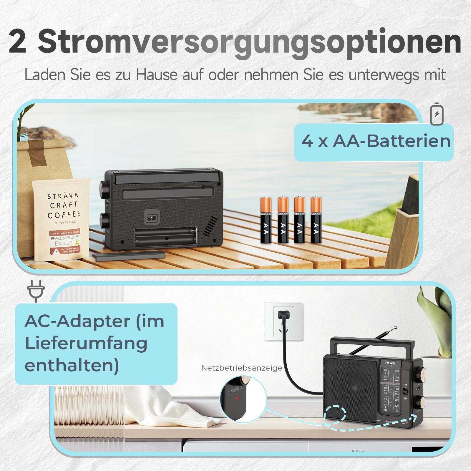 PRUNUS J-03 Tragbares Radio FM AM, Radio Batteriebetrieben und AC-Strom, Mittelwellenradio Mit Exzellentem Empfang, 3W Großem Lautsprecher, Einfaches Radios Für Senioren.