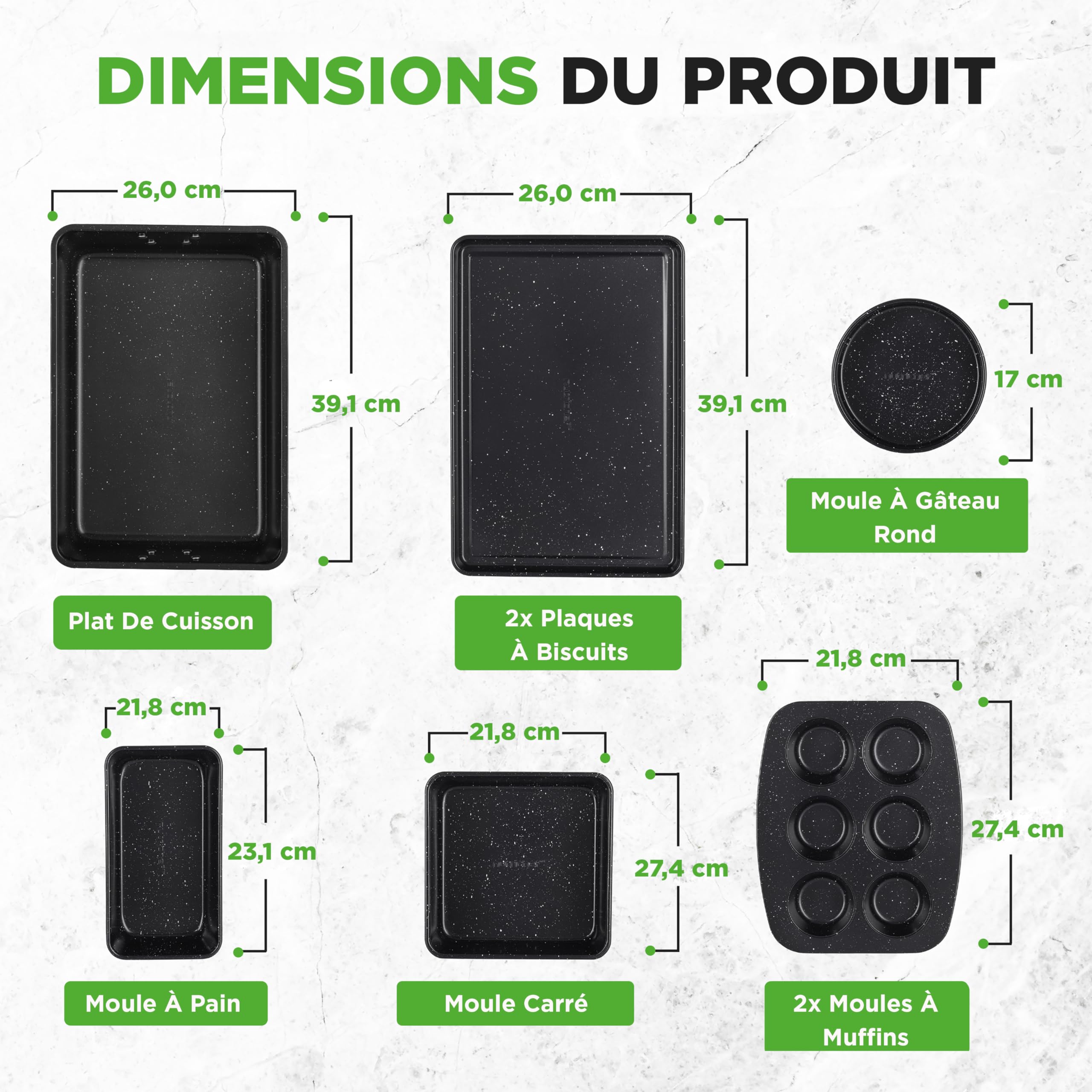 NutriChef Ensemble de Moules à Pâtisserie Empilables 8 Pièces,Plaque de Cuisson, Moule à Muffins, Rond, à Cake, Carré & Profond, Acier au Carbone Antiadhésif Haute Qualité, Four ≤230 °C, Marbre Noir