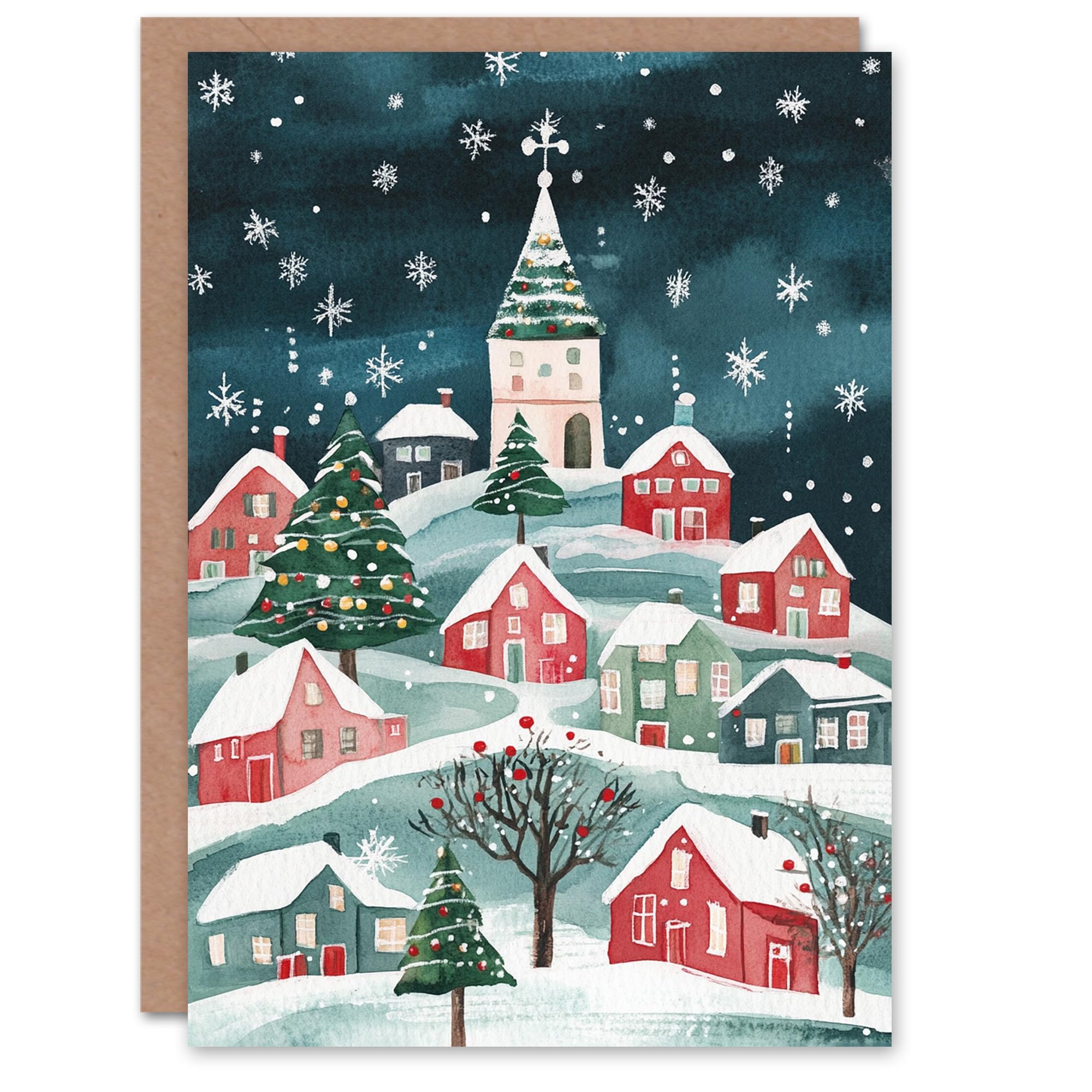 Wee Blue Coo Festive Hill Town Winter Trees Festive Fun Xmas Art Blank For All Christmas Card