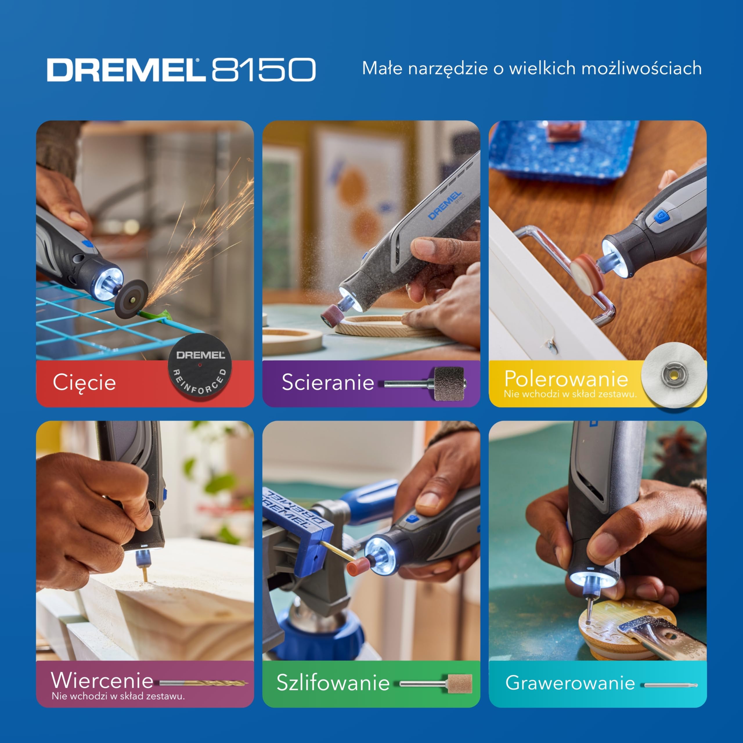 Dremel 8150 Zestaw z akumulatorowym bezszczotkowym narzędziem obrotowym, akumulator 7,2V 2Ah USB-C, 20 akcesoriów, regulacja prędkości obrotowej 5000–30000 obr./min, oświetlenie LED, cięcie, ścieranie