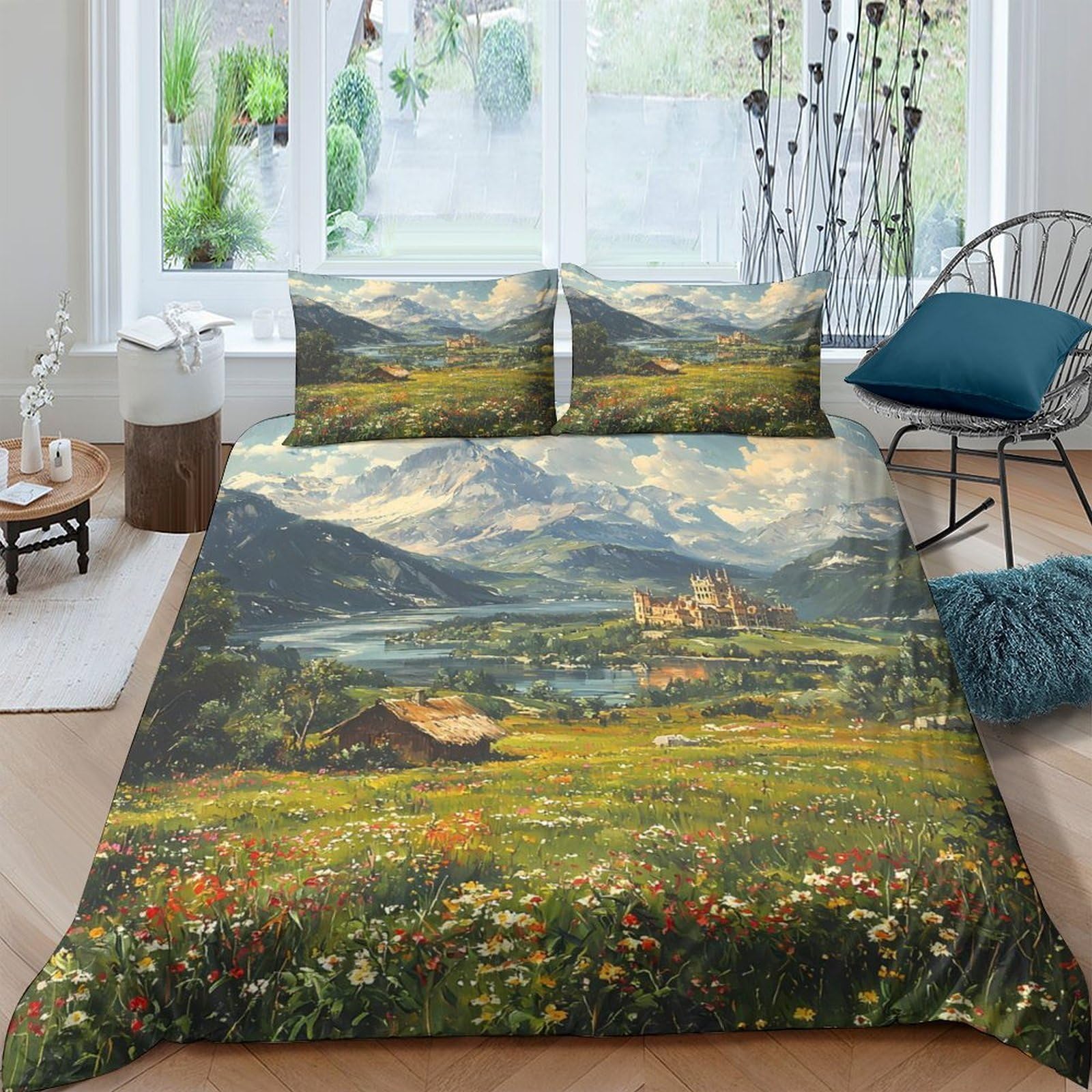 GPLZQXKJNH 3D Printed Mountain Landscape Duvet Cover Microfiber Breathable Spring Meadow Bedding Set with 2 Pillowcases for Bedroom Home Single（135x200cm）