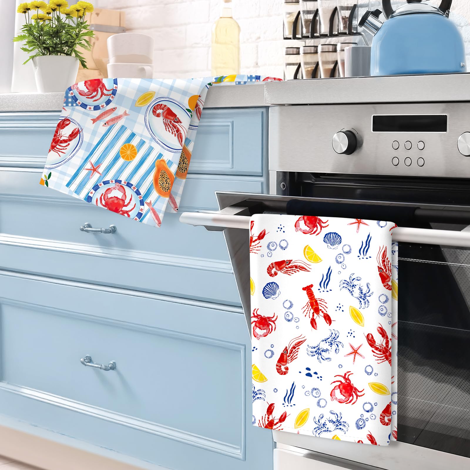 Arquiel Lobster Tea Towels, Beach Lemon Cotton Kitchen Towel 48 × 70 cm - Image 2
