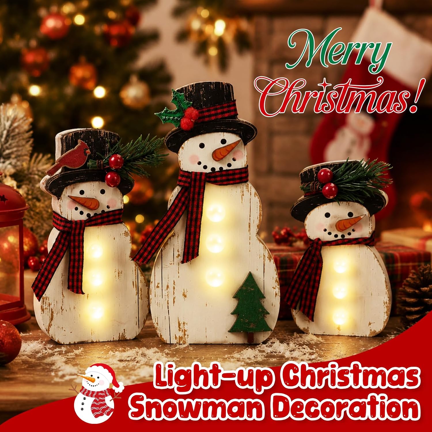 3 Pcs Christmas Snowman LED Lighted Wooden Sign Decor image 3