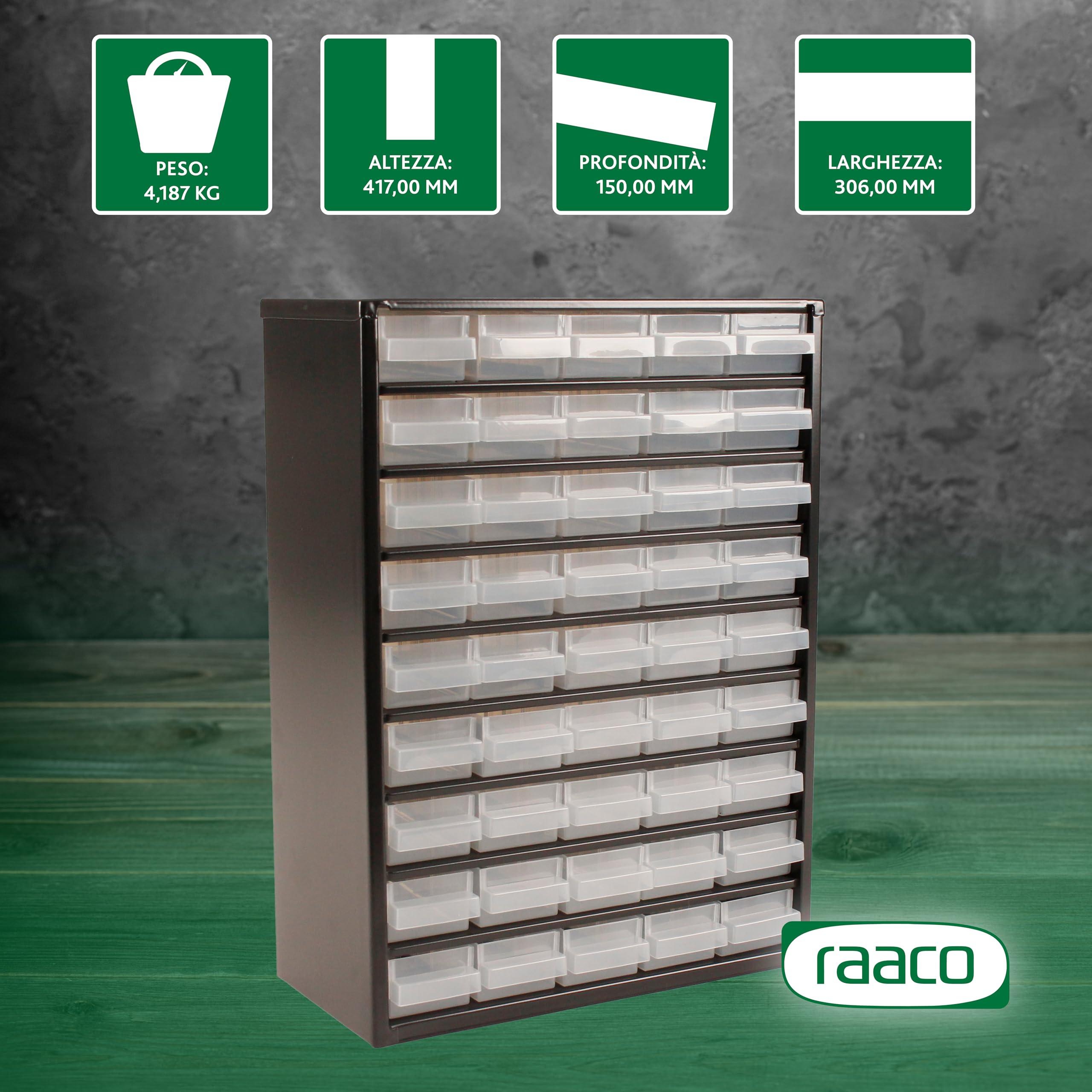Raaco Contenitore per piccoli componenti C9-45, carico 30 kg, 15 x 30,6 x 42 cm, 45 cassetti, acciaio rivestito, adatto per montaggio a parete, scaffale per viti con scatole di smistamento per piccoli