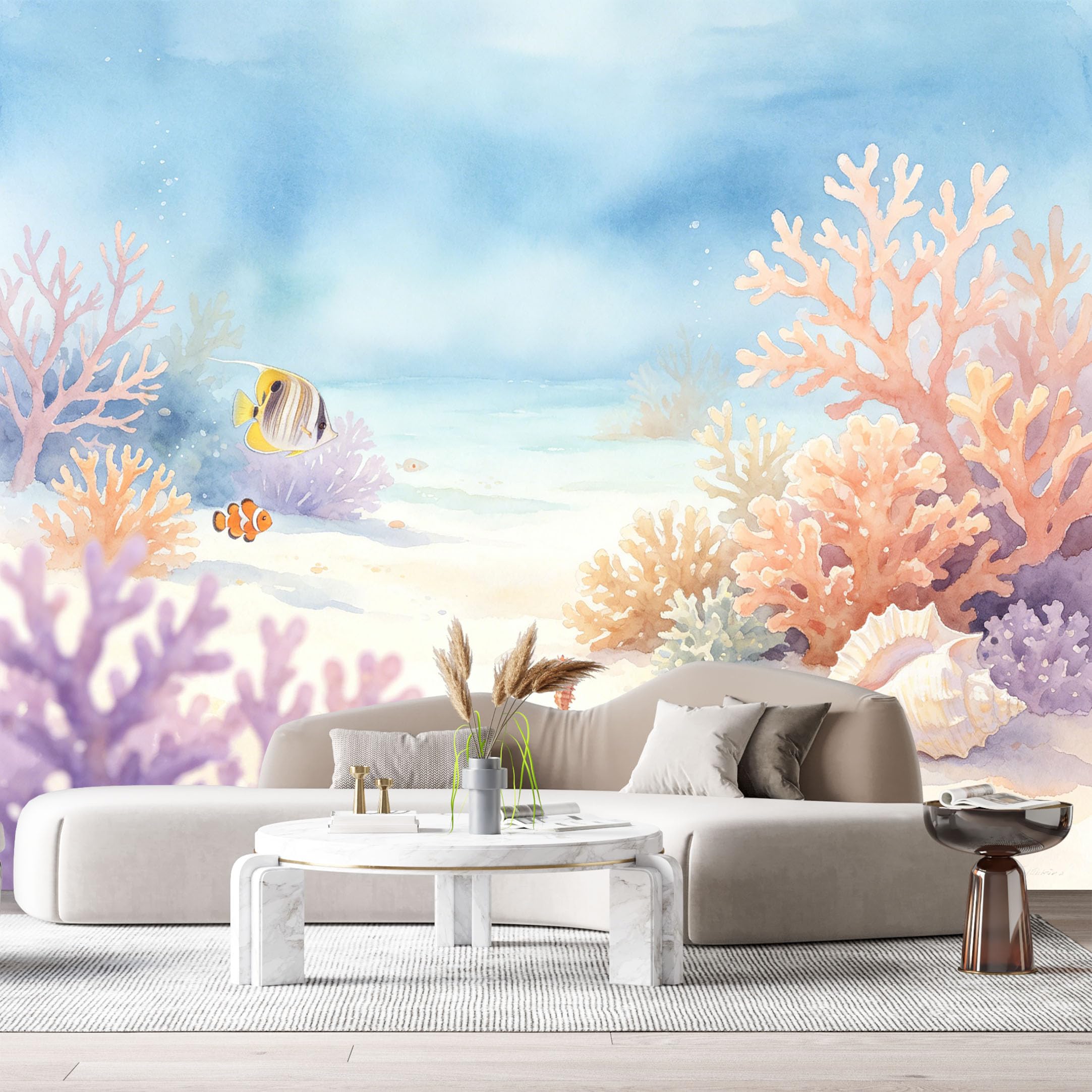 Custom Size Wall Murals Ocean Marine Watercolor Coral Reef Seahorse Shells SelfAdhesiveWall Fabric Removable Wallpaper Wall Decor for Living Room Bedroom Bathroom