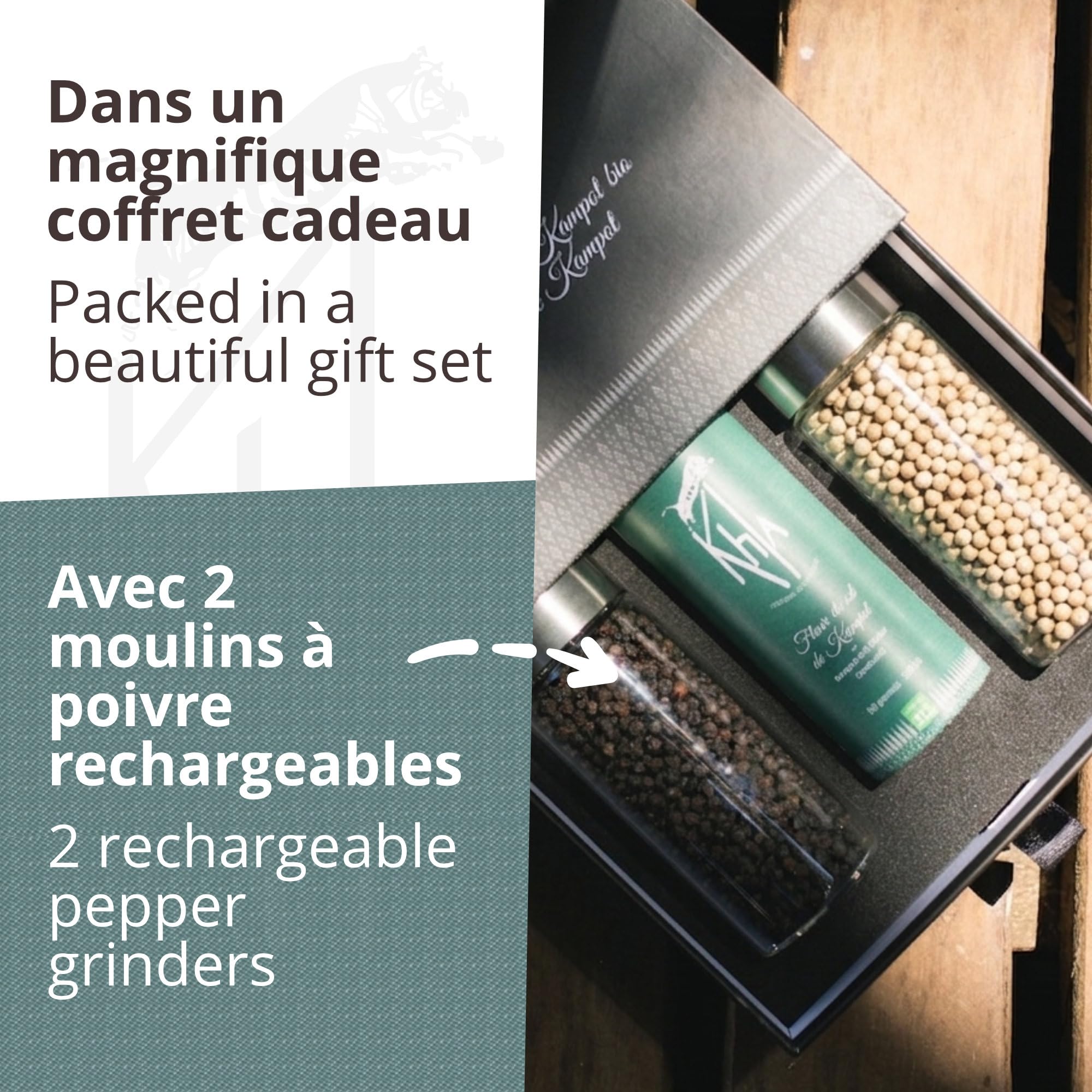 Khla - Coffret Moulins Poivres & Sel de Kampot - Coffret Cadeau - Poivre Noir, Poivre Blanc & Fleur de Sel - Grands Crus Rares - Poivre du Monde - Moulins Rechargeables - Origine Cambodge