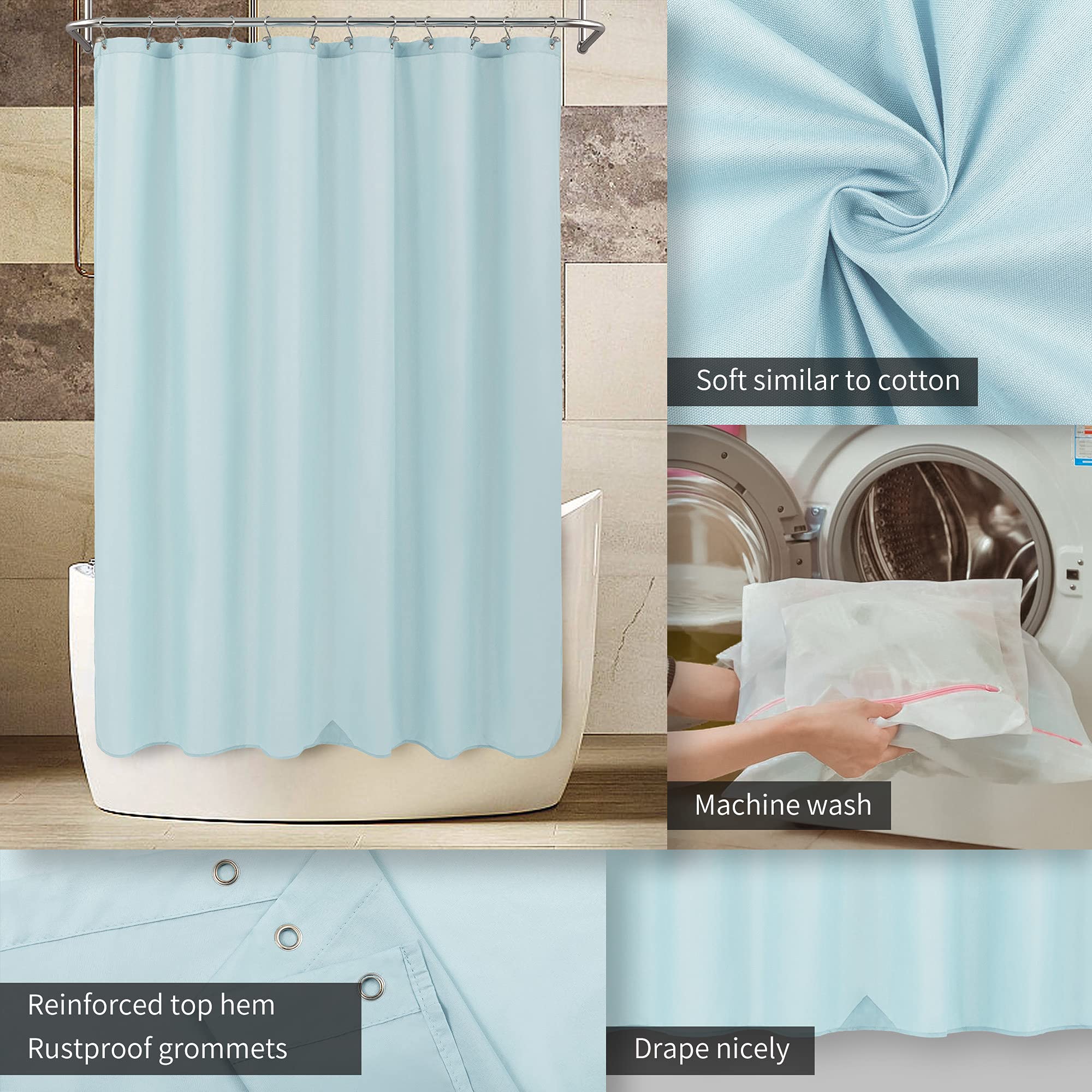 ALYVIA SPRING Waterproof Fabric Shower Curtain Liner, Washable Cloth Shower Curtain for Bathroom - Standard Size 72x72, Blue - Image 3