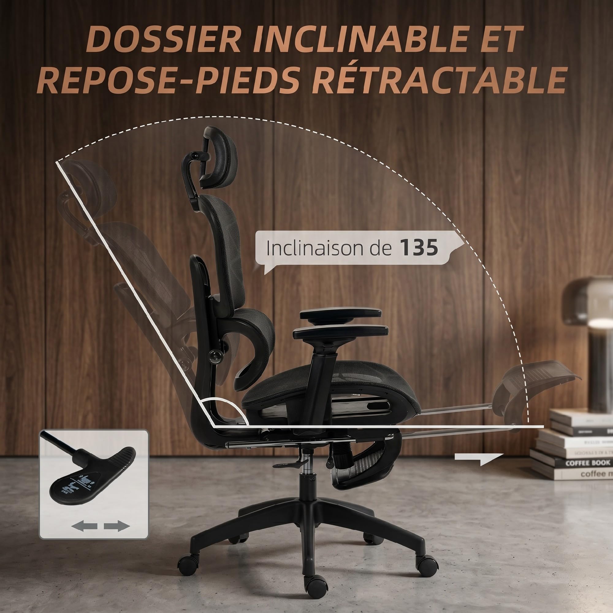HOMCOM Chaise de Bureau Ergonomique en Maille Accoudoirs 3D Noir