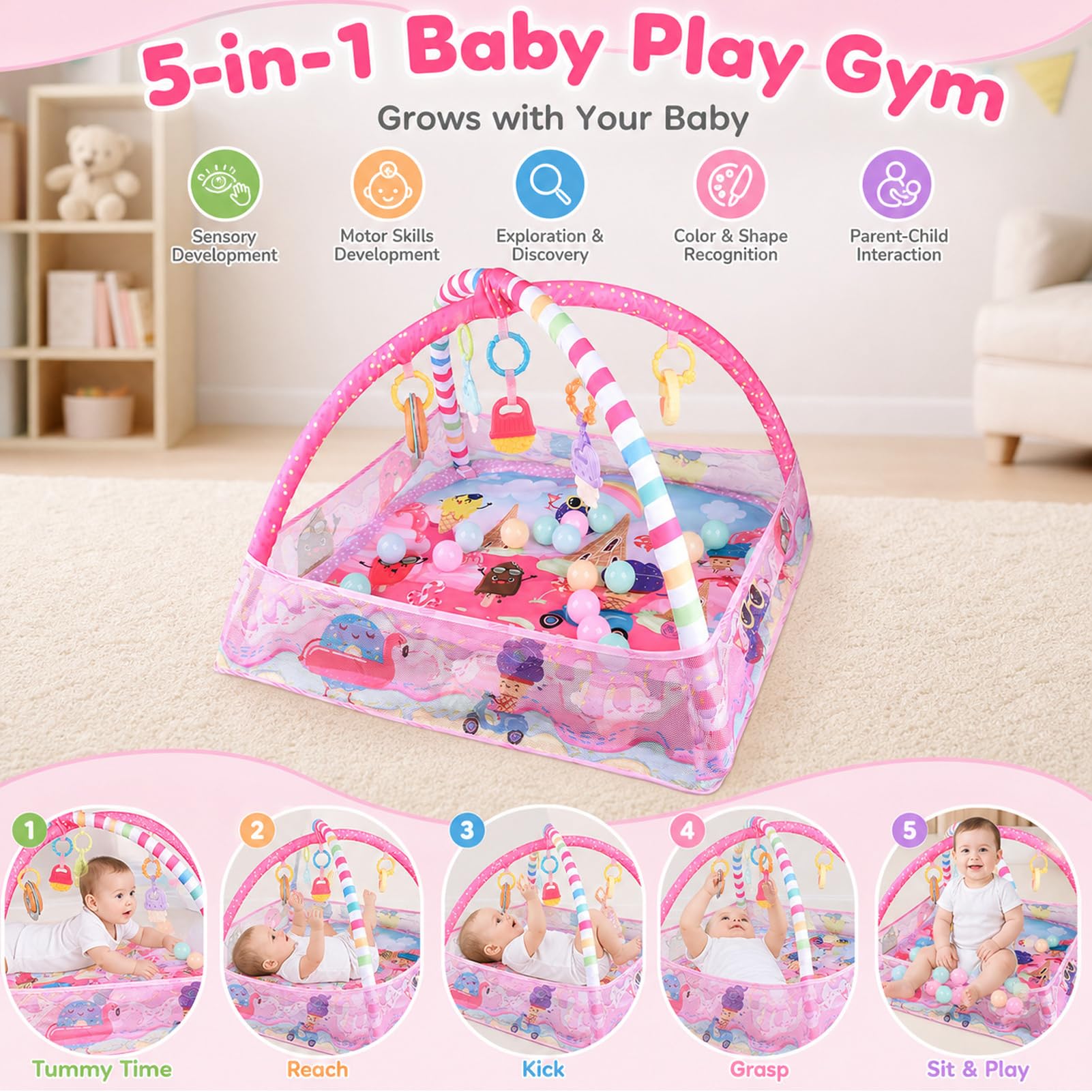 Bebamour Baby Spielmatten Bodenturngeräte von Geburt an, 18 Bälle, 5PCS Hängespielzeug, weiche Baby Play Activity Gym Spielmatten Bodenturngeräte für 0-24Monate(Pink)