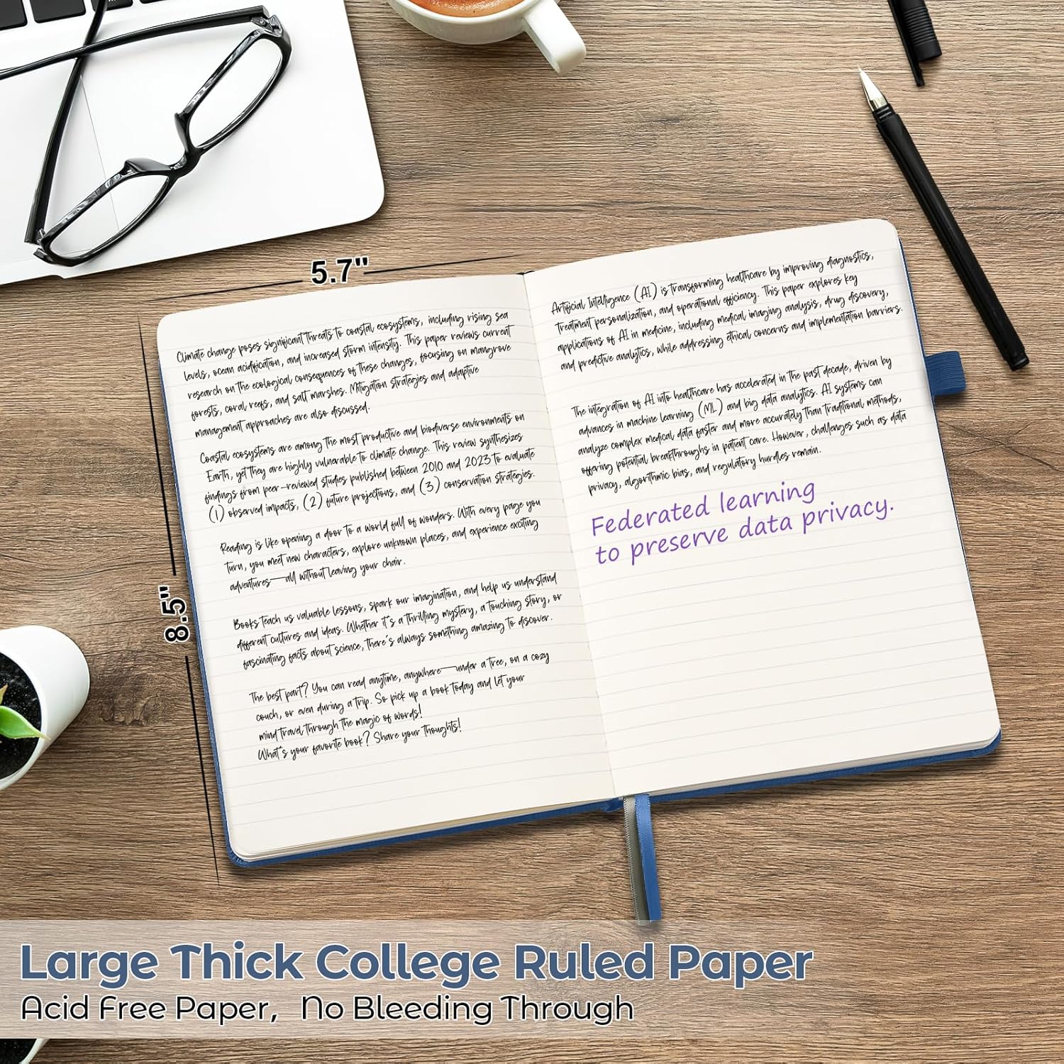 College Ruled Notebook, 5 Pack A5 Hardcover Leather Notebook for Work, Lined Notebook Journal for Women, Men, 100GSM Thick Paper, Large Notebook with Pockets, Professional Business Notebook, 5.7"x8.5"