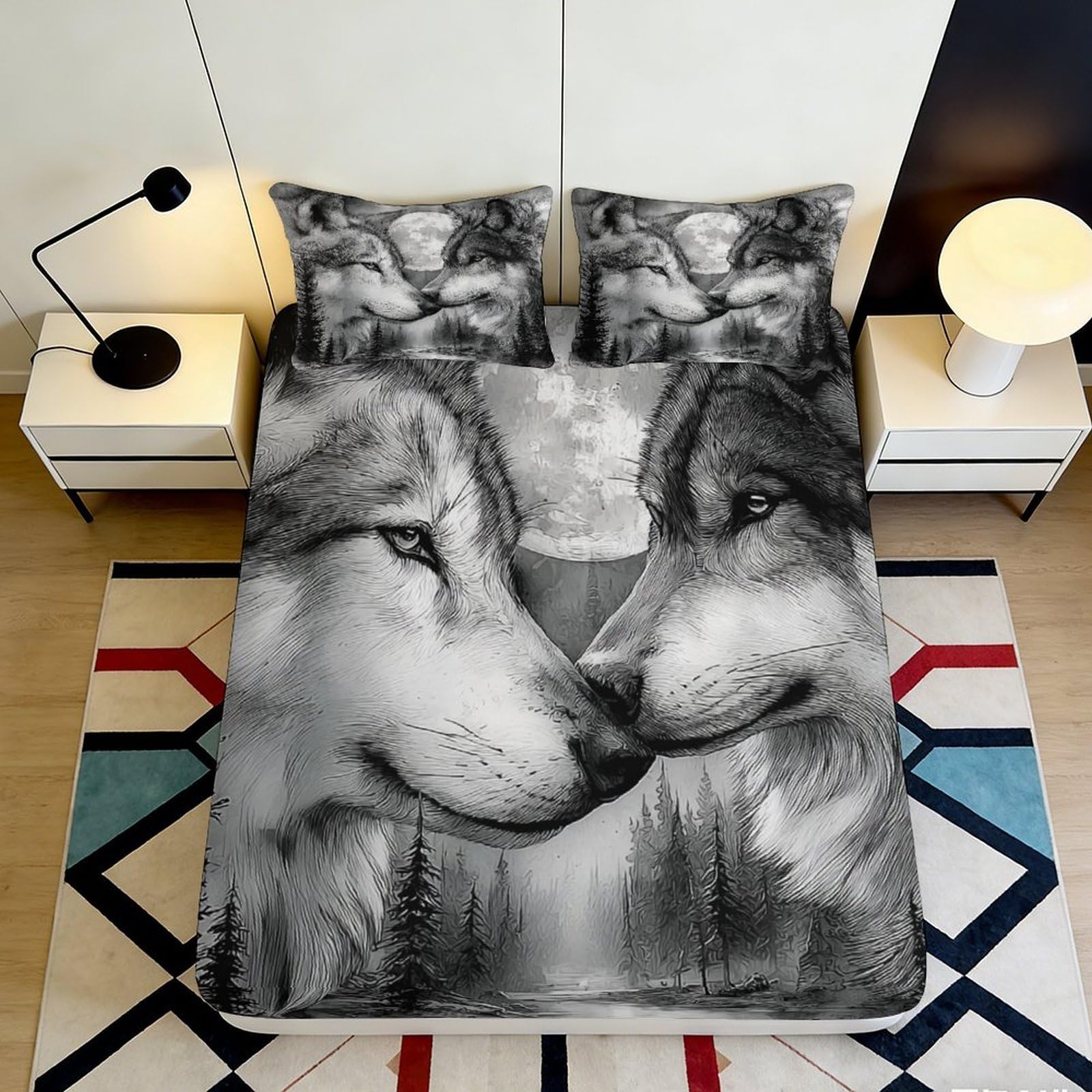 3D Printed Wolf Forest Fitted Sheet Microfiber Soft Breathable Moon Wolves Mattress Cover for Bedroom Guest Room Decor 90x200x25cm