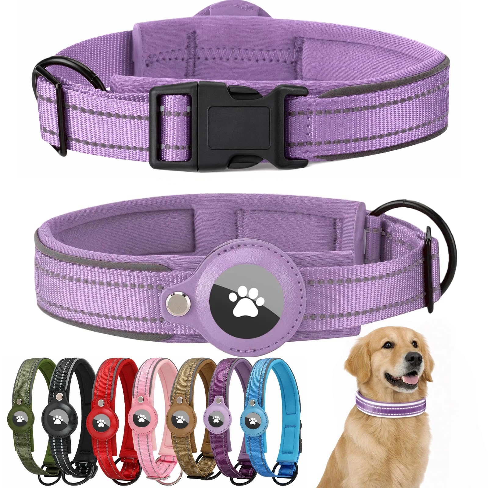 Swizitelon Reflective Medium Dog Collar with Apple Airtag Holder Padded