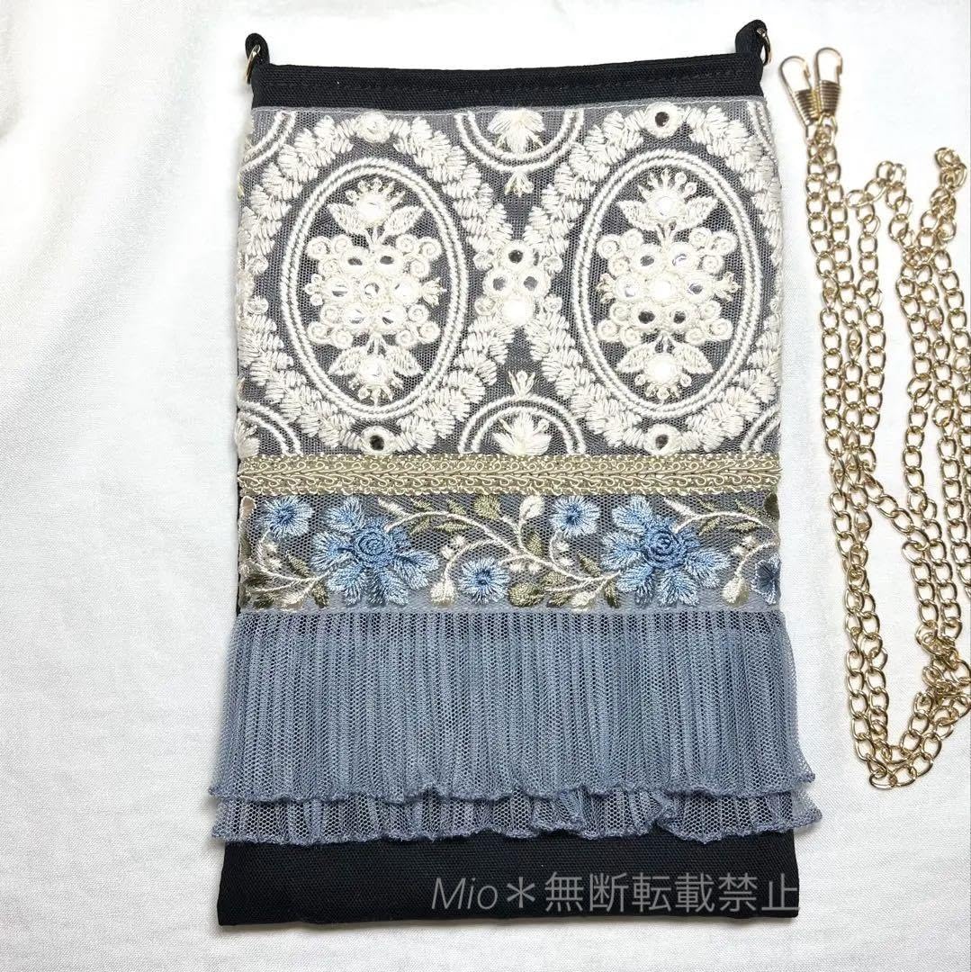 リクエスト＊ロラライハリス♡一面シルバーライン刺繍サコッシュ♡スマホポーチ♡ リクエスト＊ロラライハリス♡一面シルバーライン刺繍サコッシュ