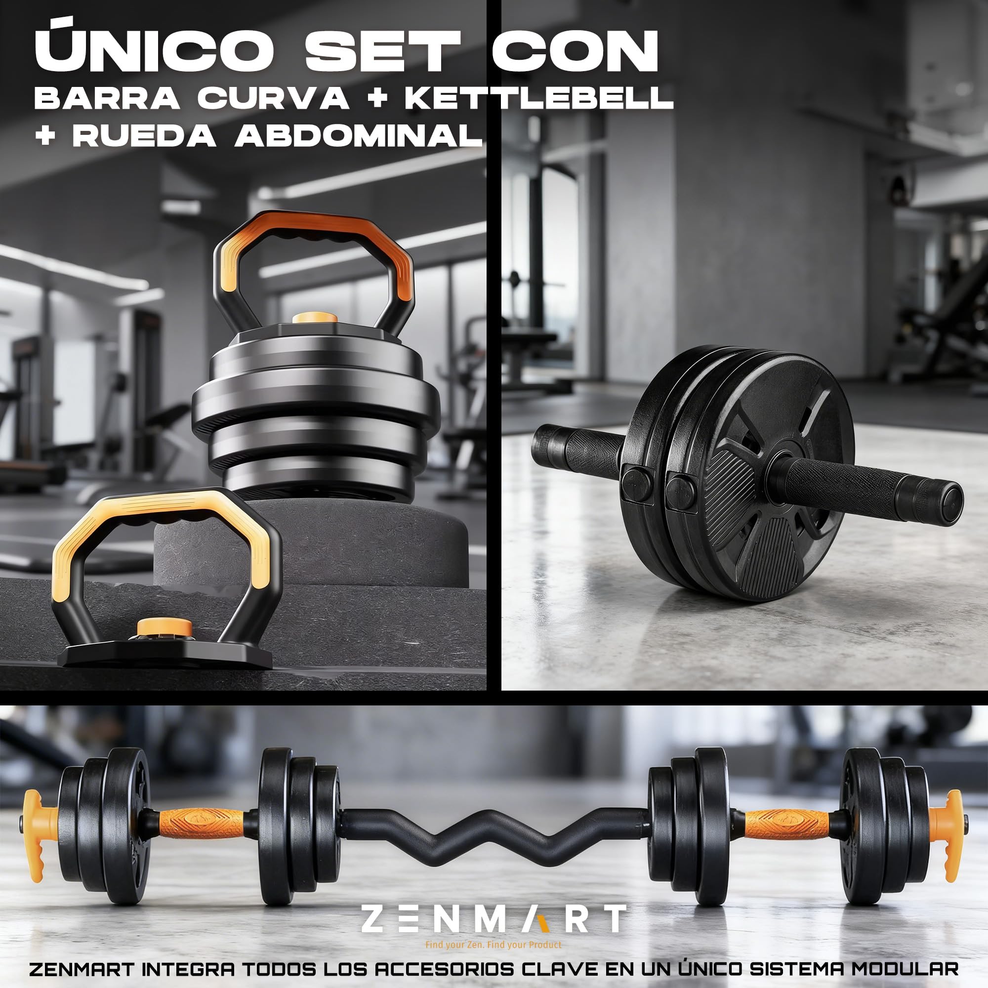 Juego de Pesas y Mancuernas Ajustables 6 en 1 – Kit Pesos Fitness Completo con Barra Curva y Rueda Abdominal – 10kg 20 kg