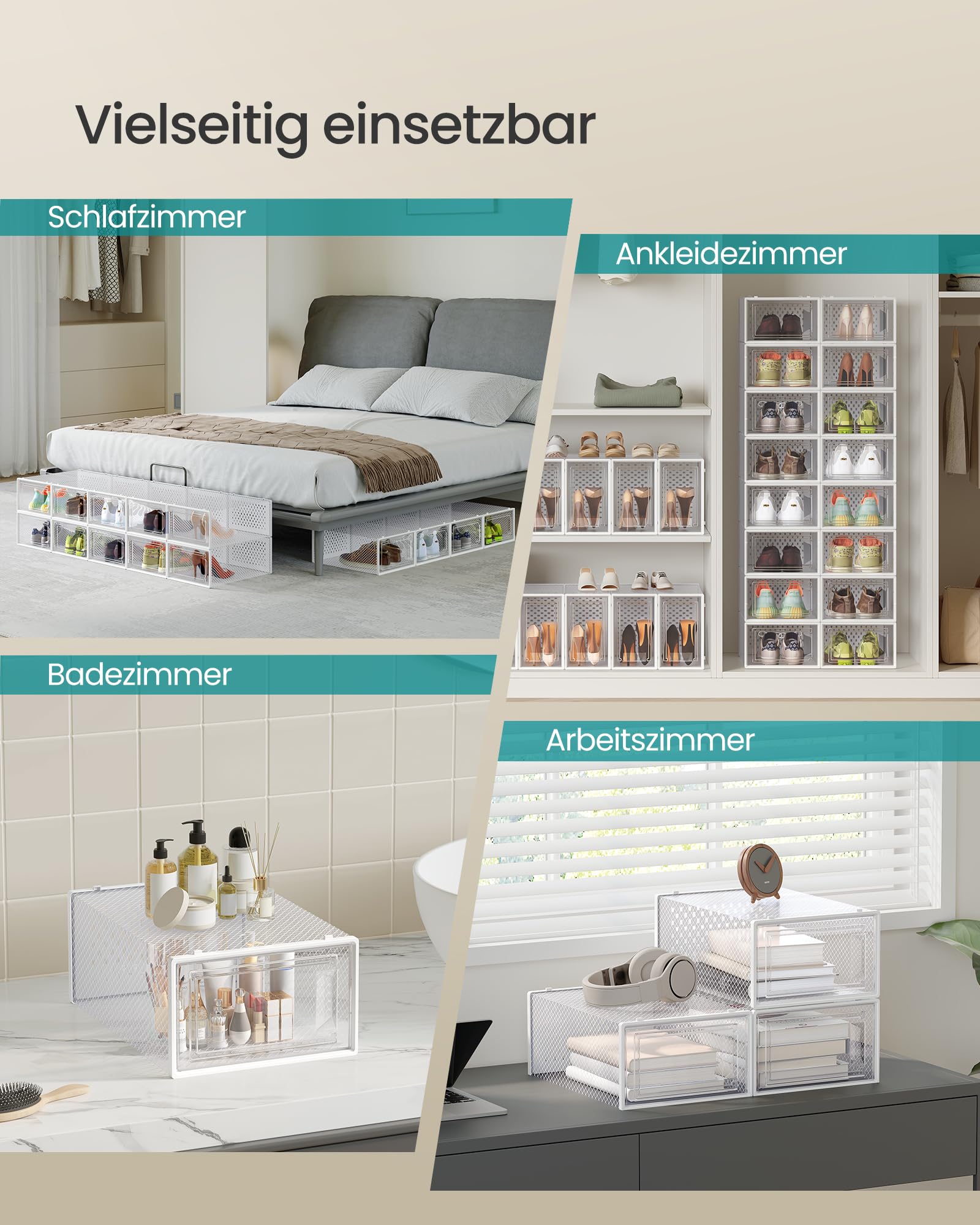 SONGMICS Schuhboxen, Schuh-Organizer aus Kunststoff, faltbar und stapelbar, für Schuhe bis Größe 43, 18er Set, transparent-wolkenweiß LSP18SWT