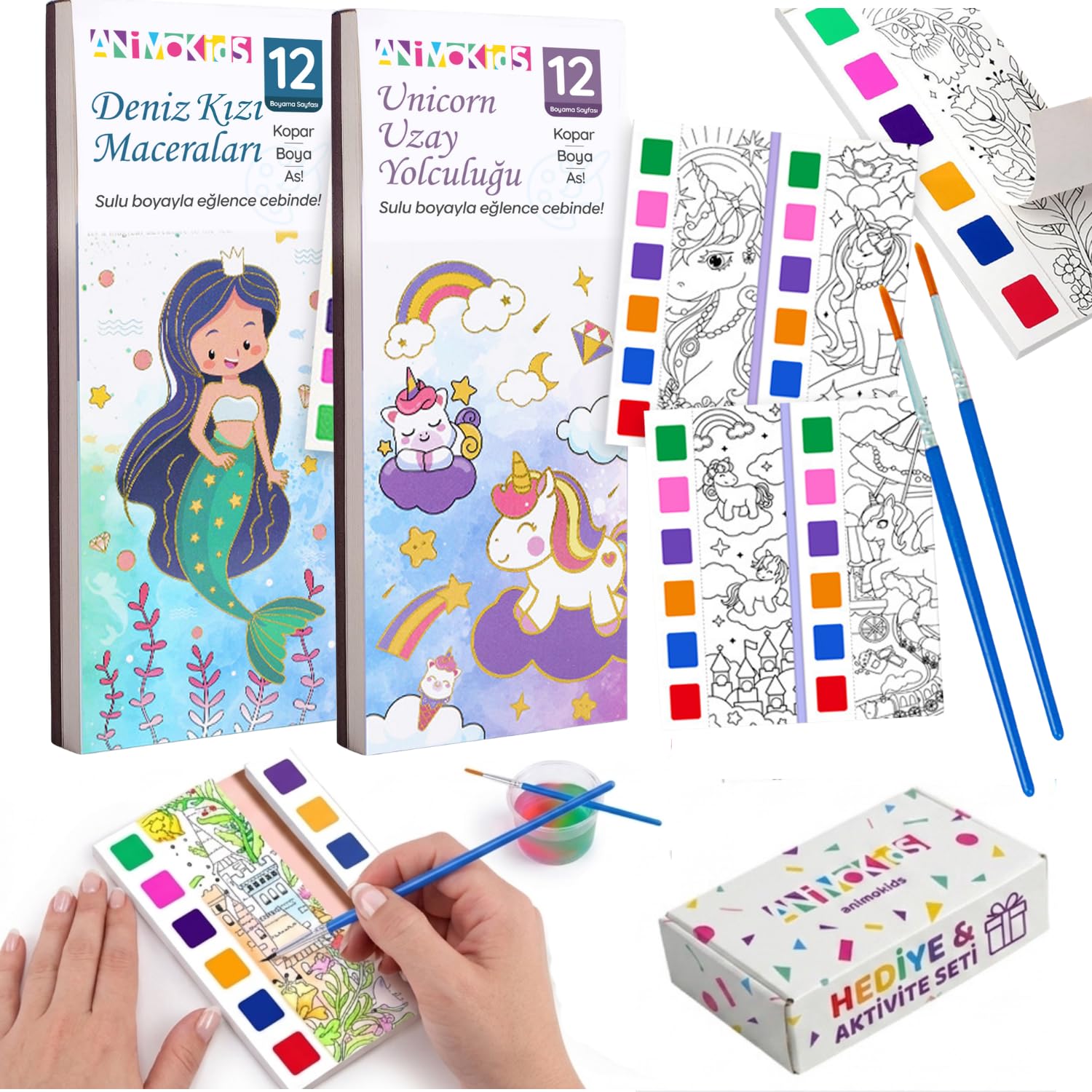 Animokids Sulu Boya Defteri Seti (2 Kitap + 2 Fırça) - Kendin Yap Kitap Ayracı, Her Sayfada Entegre Boya Paleti - Çocuklar ve Yetişkinler İçin Hediye Aktivite Seti (Renklerin Ormanı-Sihirli Bahçe)