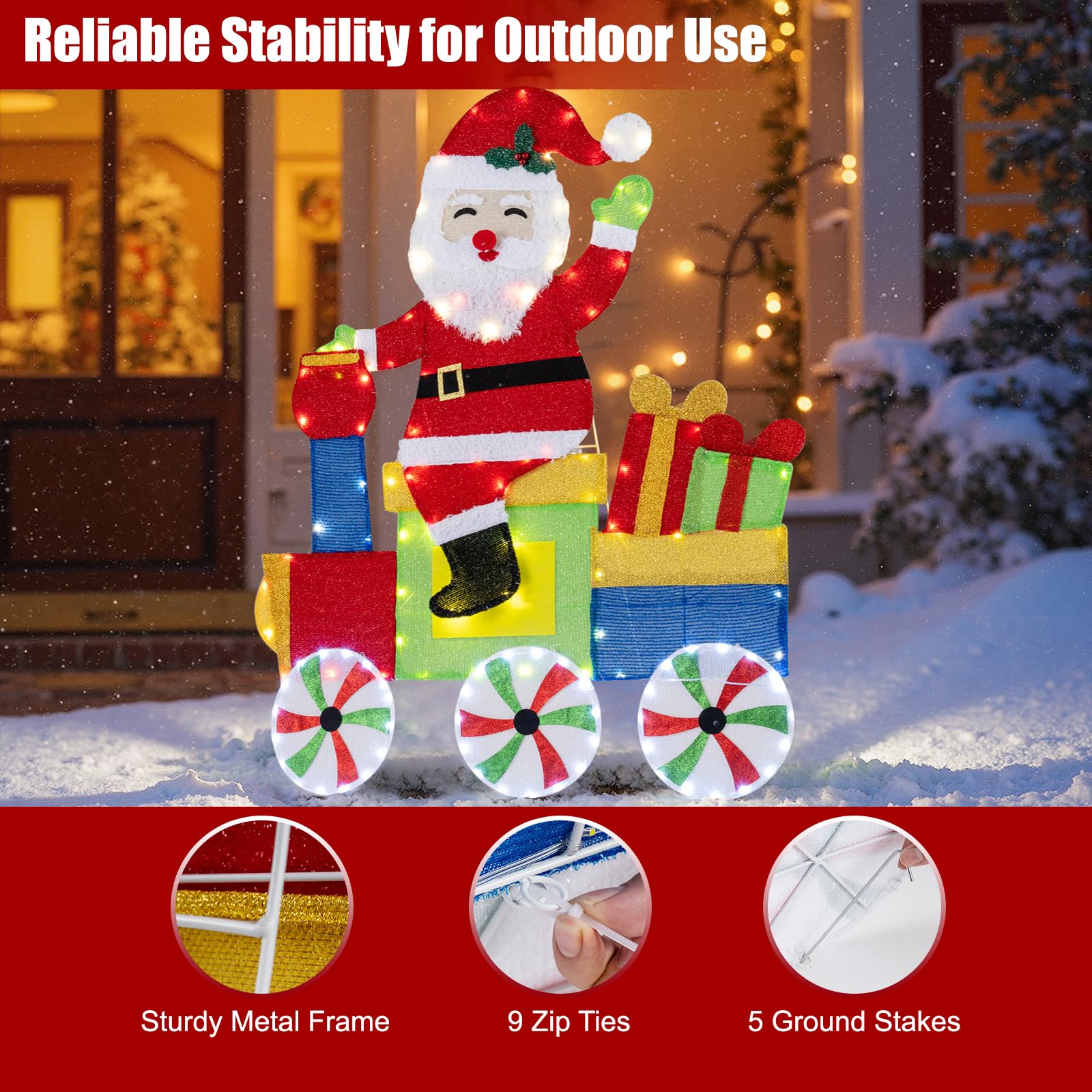 SOARS LED Weihnachtsmann 2D, Weihnachtsfigur groß 120cm im Zug, Weihnachtsdeko Outdoor mit 133 warmweißen LEDs, Weihnachtsdekoration wetterfest, Weihnachtsbeleuchtung für innen & außen