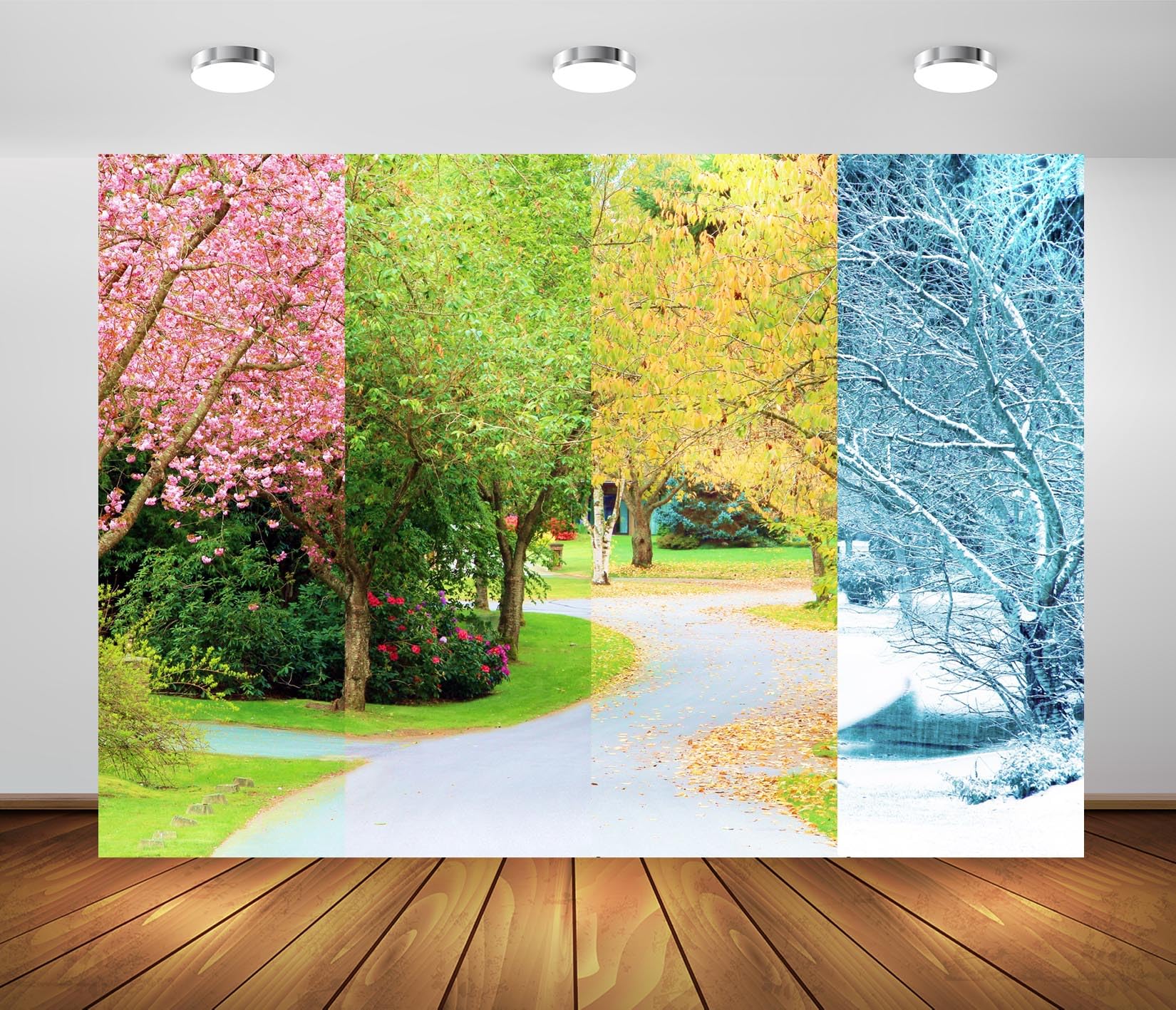 Telón de fondo de árbol de cuatro estaciones de 10 x 8 pies, telón de fondo de cuatro estaciones, primavera, verano, otoño, invierno, paisaje natural, telón de fondo en el mismo lugar, telón