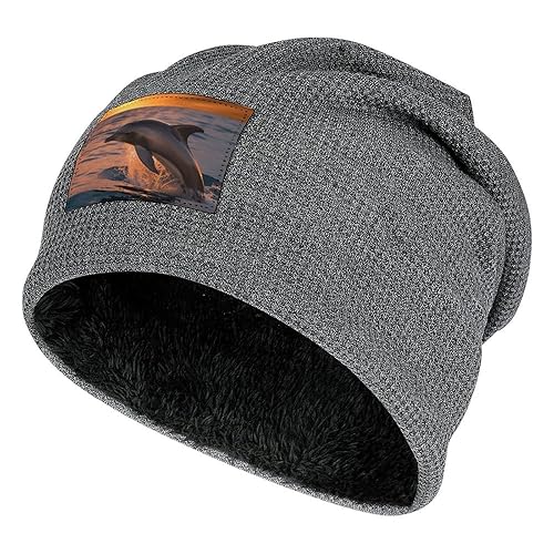 Slouchy Knit Beanie Cuffed Dusk Dolphin Skull Cap Soft Fleece