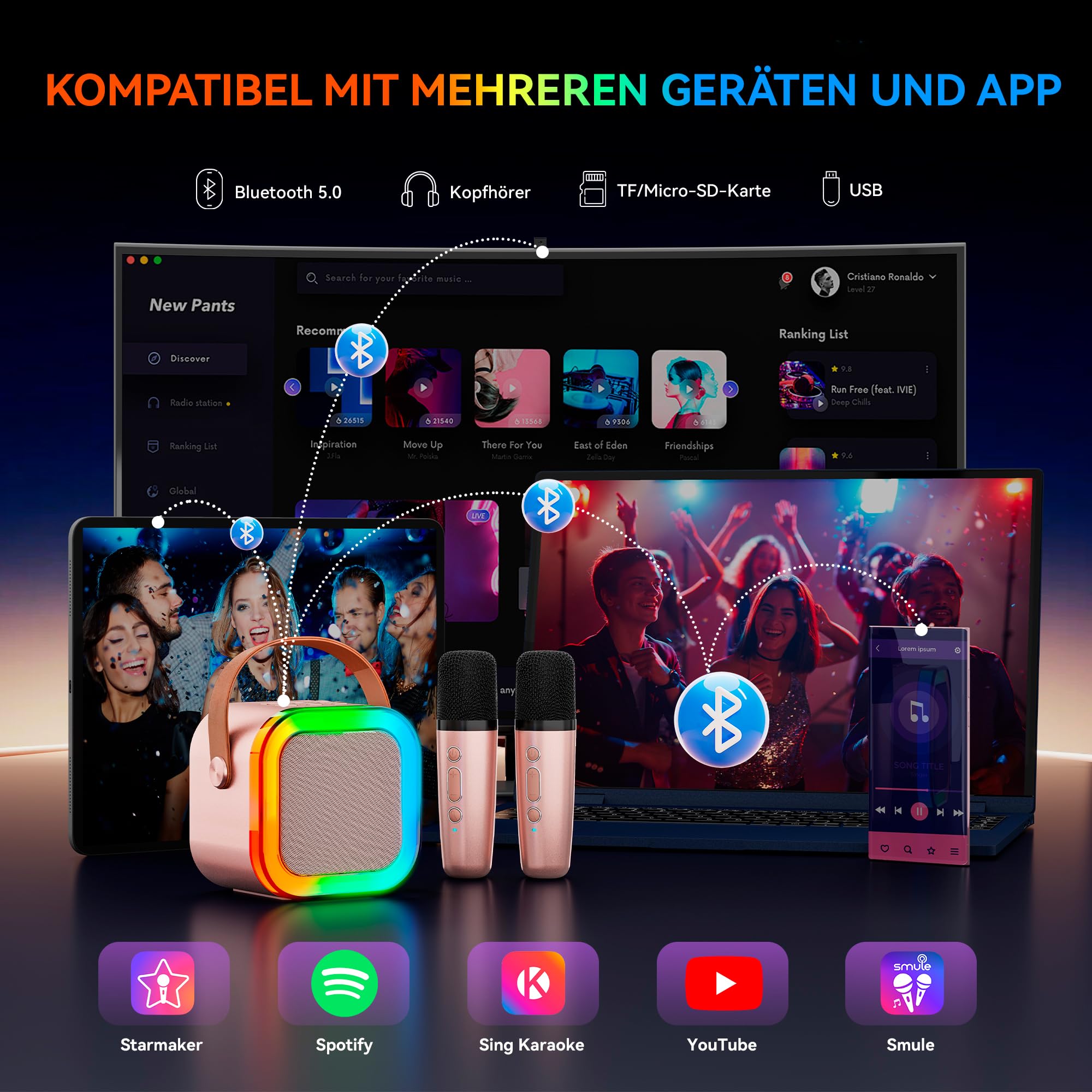 [2025] Karaoke Maschine mit 2 Karaoke Mikrofonen Musikinstrumentzubehör: Wowstar Karaoke Anlage mit 2 Mikrofonen - Mini Karaoke Maschine - Lautsprecher Karaoke Box Set - Geschenke für Mädchen - 5