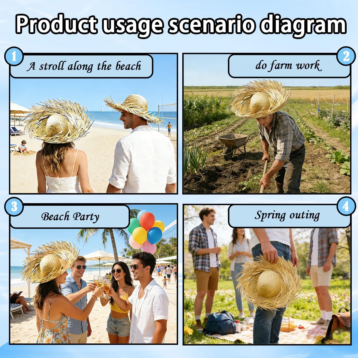 Straw Hat 6 Pcs,Pava Hat Puerto Rico for Hawaii Beach Party,Straw Beach Hat for Men and Ladys Decorations,Straw Hats Perfect for Summer Luau,Beach Party and Themed Events Accessories