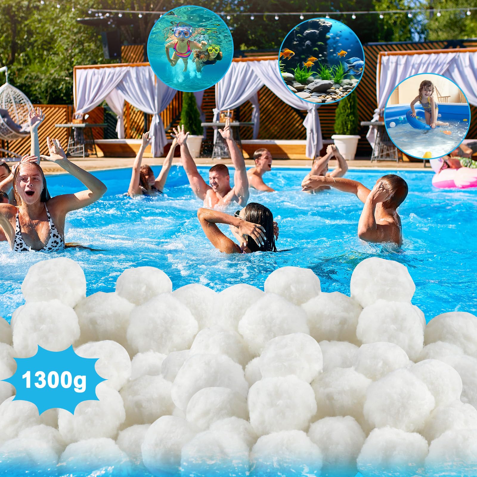 Bolsas de Filtro de Piscina,1300 G Bolas Filtro Piscina Reemplaza 46.5 kg de Arena de Filtro, Reutilizables Sistema de Filtración para Piscinas, Acuarios y Bombas de Filtro