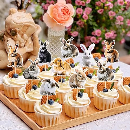 Miniatura 7 de Ercadio Paquete de 32 adornos para cupcakes de conejo, selecciones de cupcakes de animales salvajes, decoraciones de cumpleaños para baby shower,